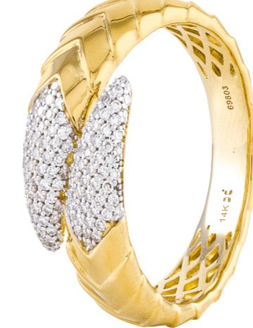 14K Yellow Gold Bypass Ring With Scaled Design, Tapered Ends And Round Diamonds Totaling 0.30 Carats