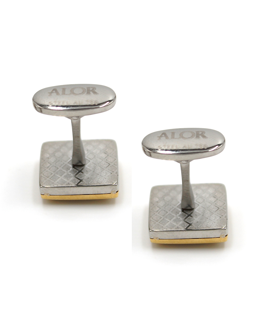 Alor Stainless Steel Square Shaped Cufflinks with Black Cable and 18K Gold