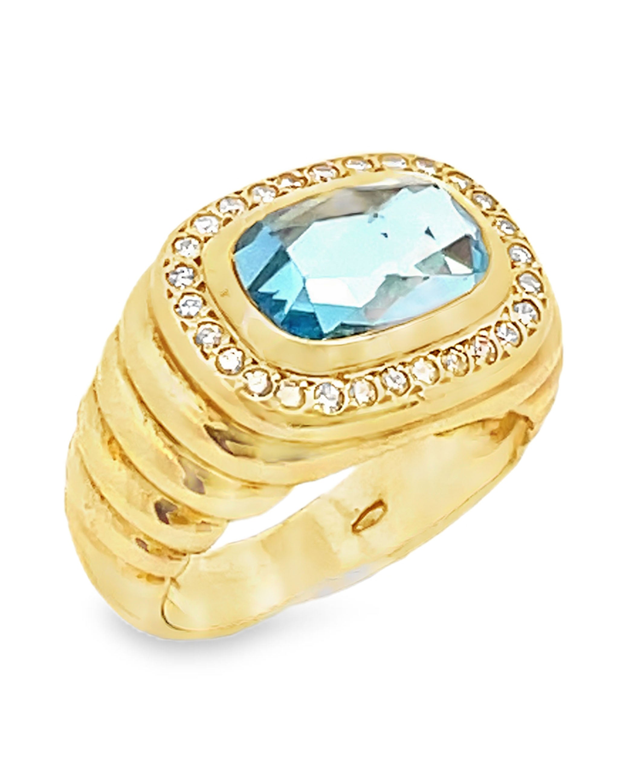 18K Yellow Gold Ring with Diamonds & Center Blue Topaz