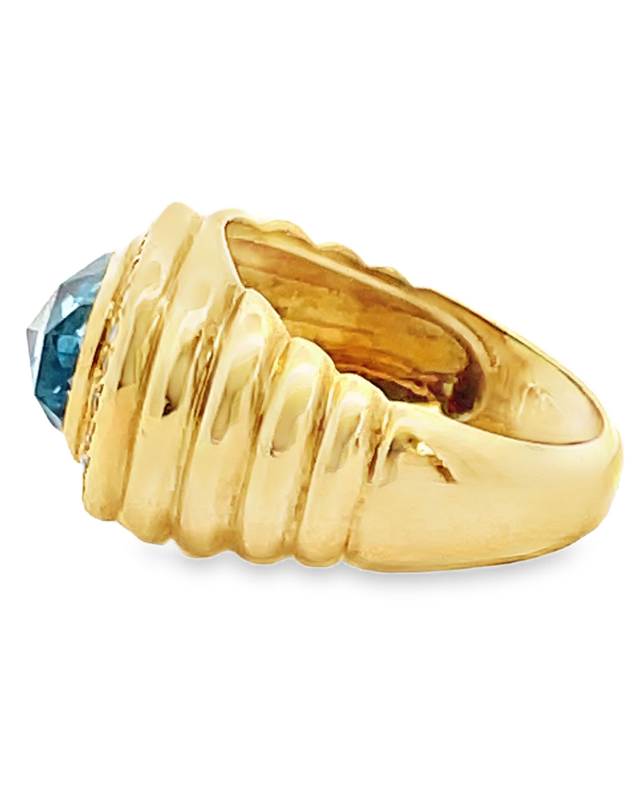 18K Yellow Gold Ring with Diamonds & Center Blue Topaz