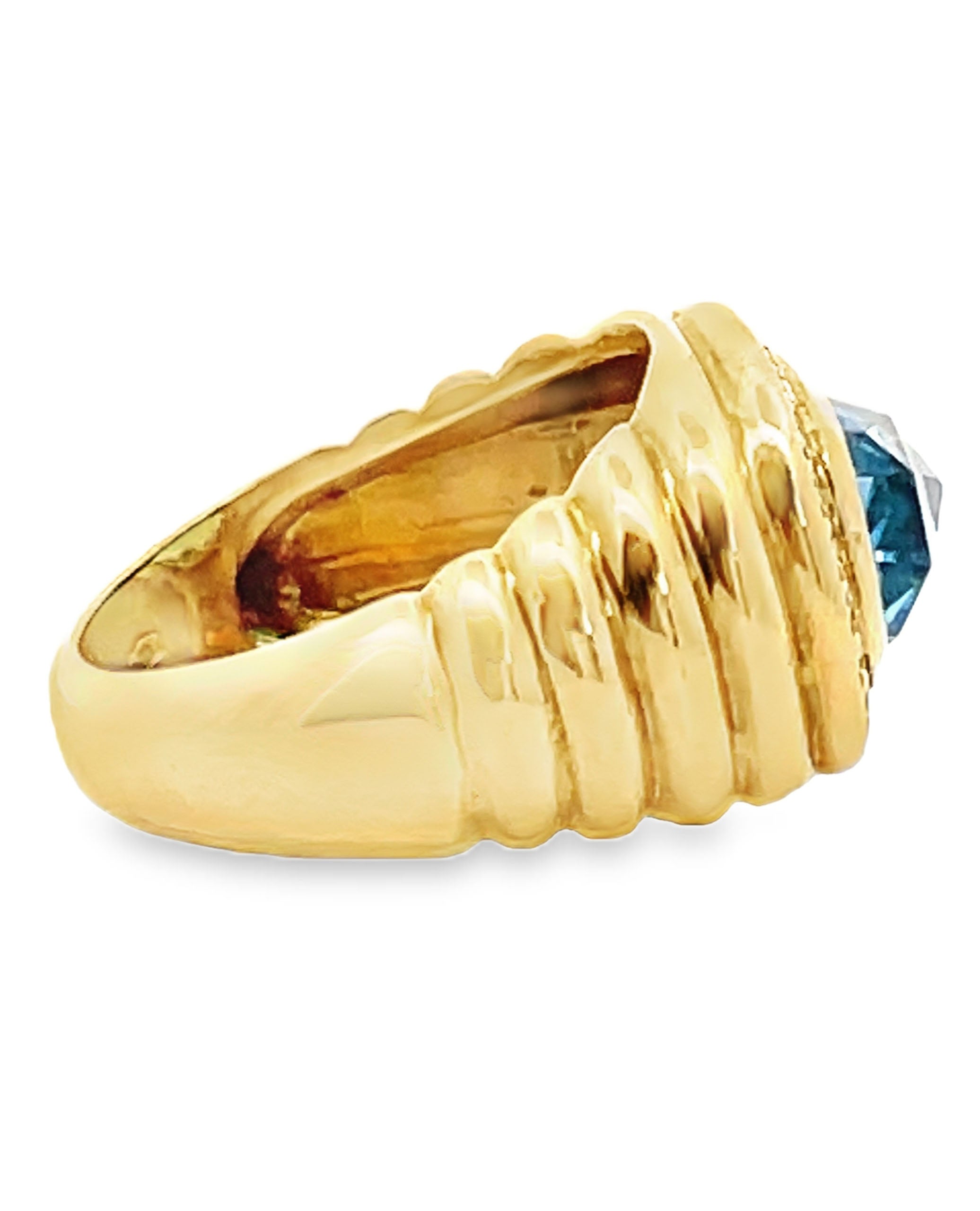 18K Yellow Gold Ring with Diamonds & Center Blue Topaz