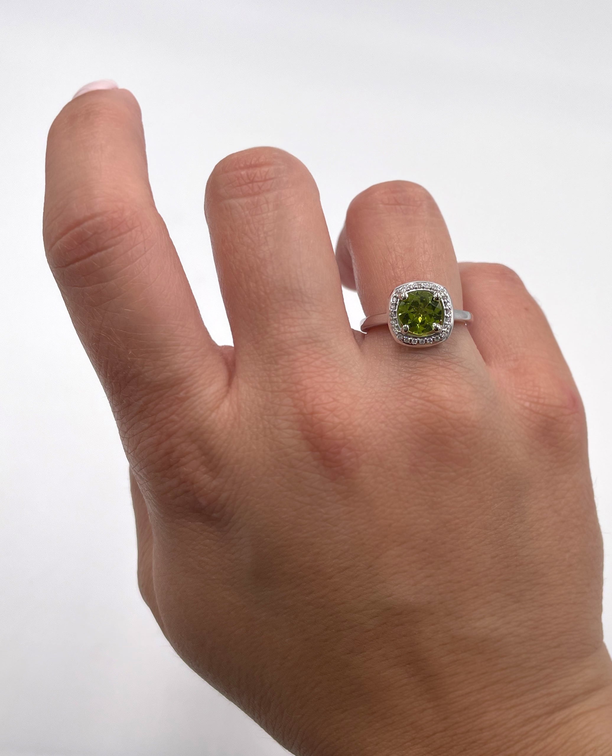 Round Peridot and Diamond Halo Ring in Minimalist 14K White Gold Setting