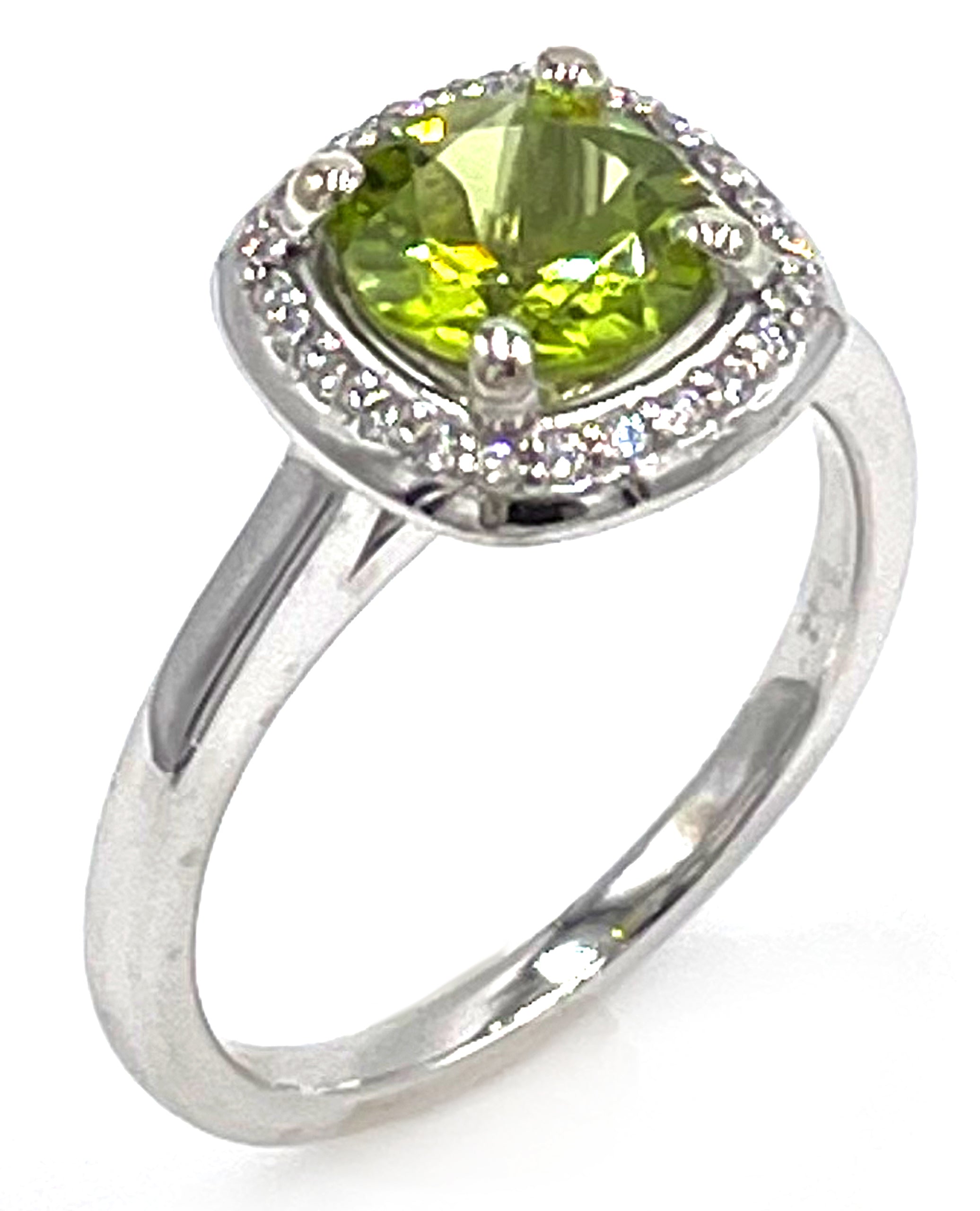 Round Peridot and Diamond Halo Ring in Minimalist 14K White Gold Setting