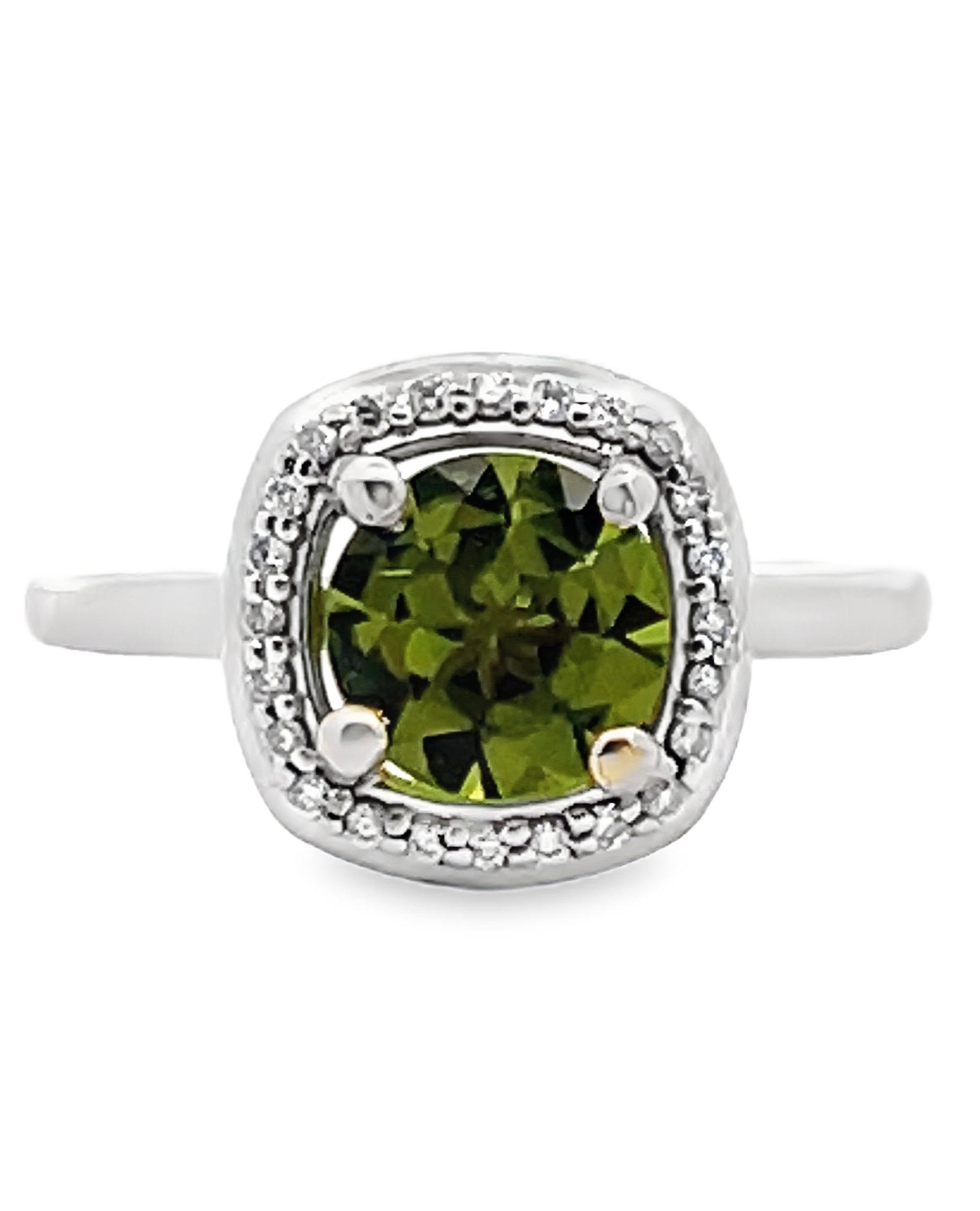 Round Peridot and Diamond Halo Ring in Minimalist 14K White Gold Setting