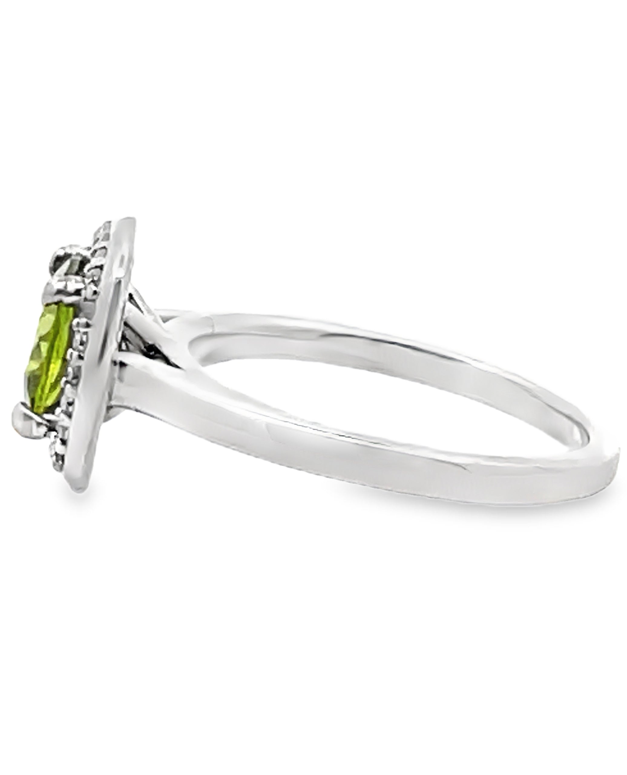 Round Peridot and Diamond Halo Ring in Minimalist 14K White Gold Setting