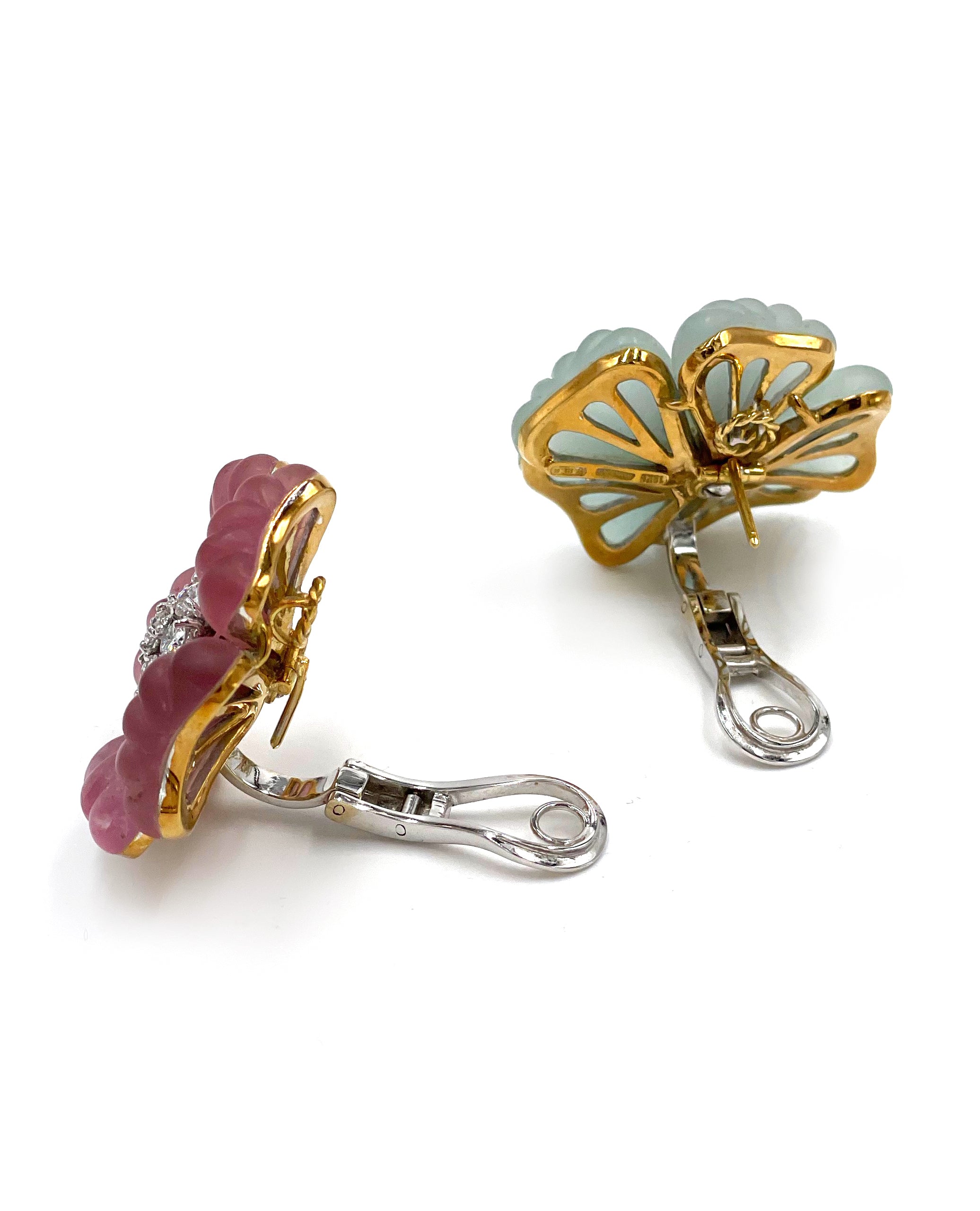 Pre-owned Vintage Ambrosi 18K White and Yellow Gold One of a Kind Aquamarine, Pink Tourmaline and Diamond Floral Earrings