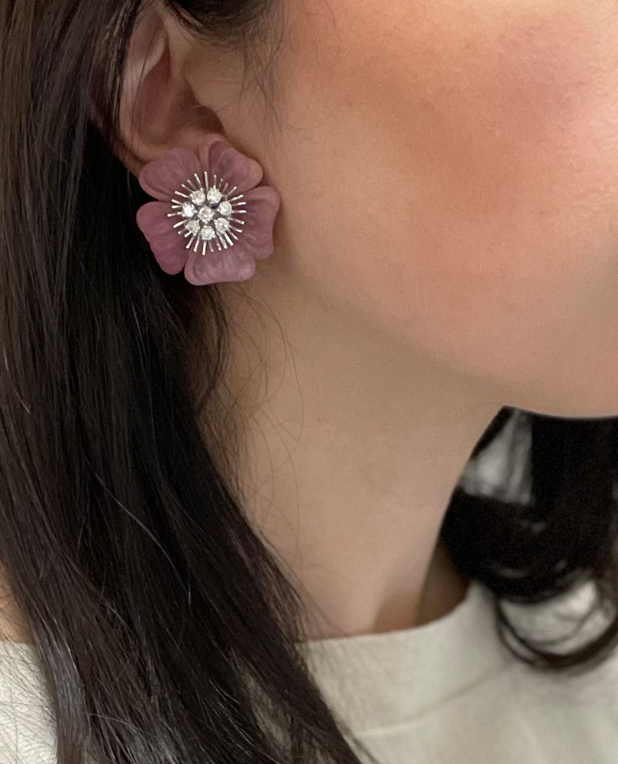 Pre-owned Vintage Ambrosi 18K White and Yellow Gold One of a Kind Aquamarine, Pink Tourmaline and Diamond Floral Earrings