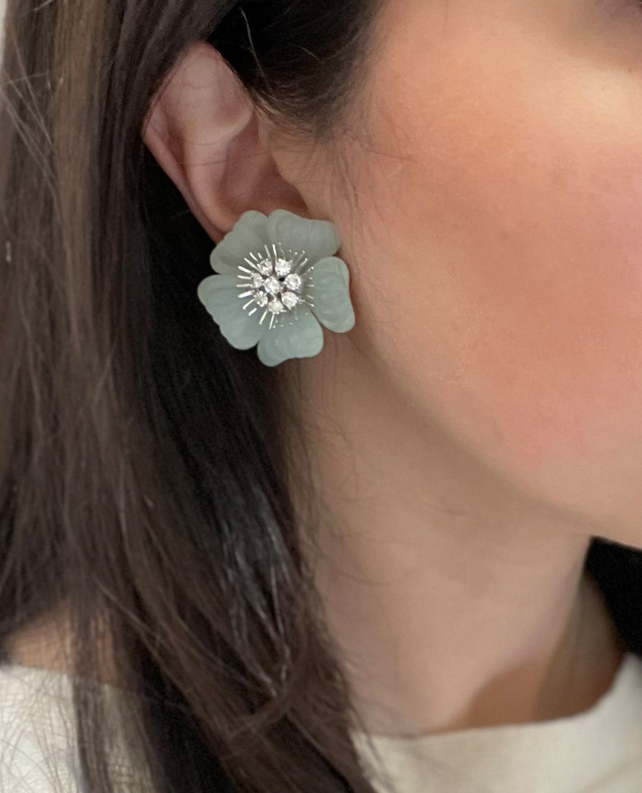 Pre-owned Vintage Ambrosi 18K White and Yellow Gold One of a Kind Aquamarine, Pink Tourmaline and Diamond Floral Earrings