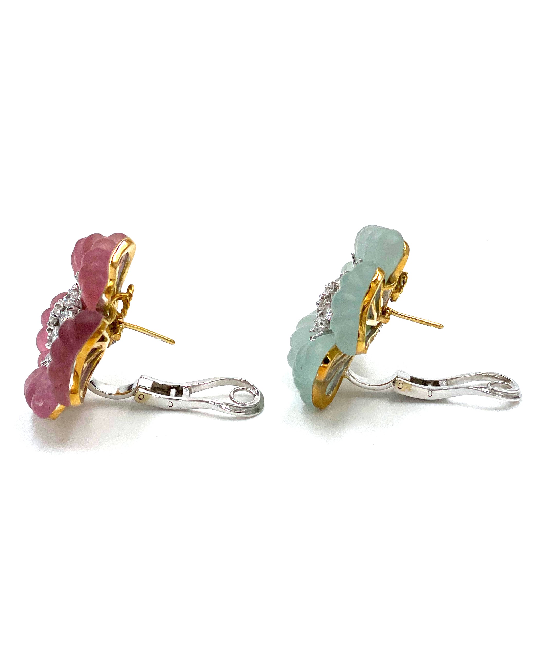 Pre-owned Vintage Ambrosi 18K White and Yellow Gold One of a Kind Aquamarine, Pink Tourmaline and Diamond Floral Earrings