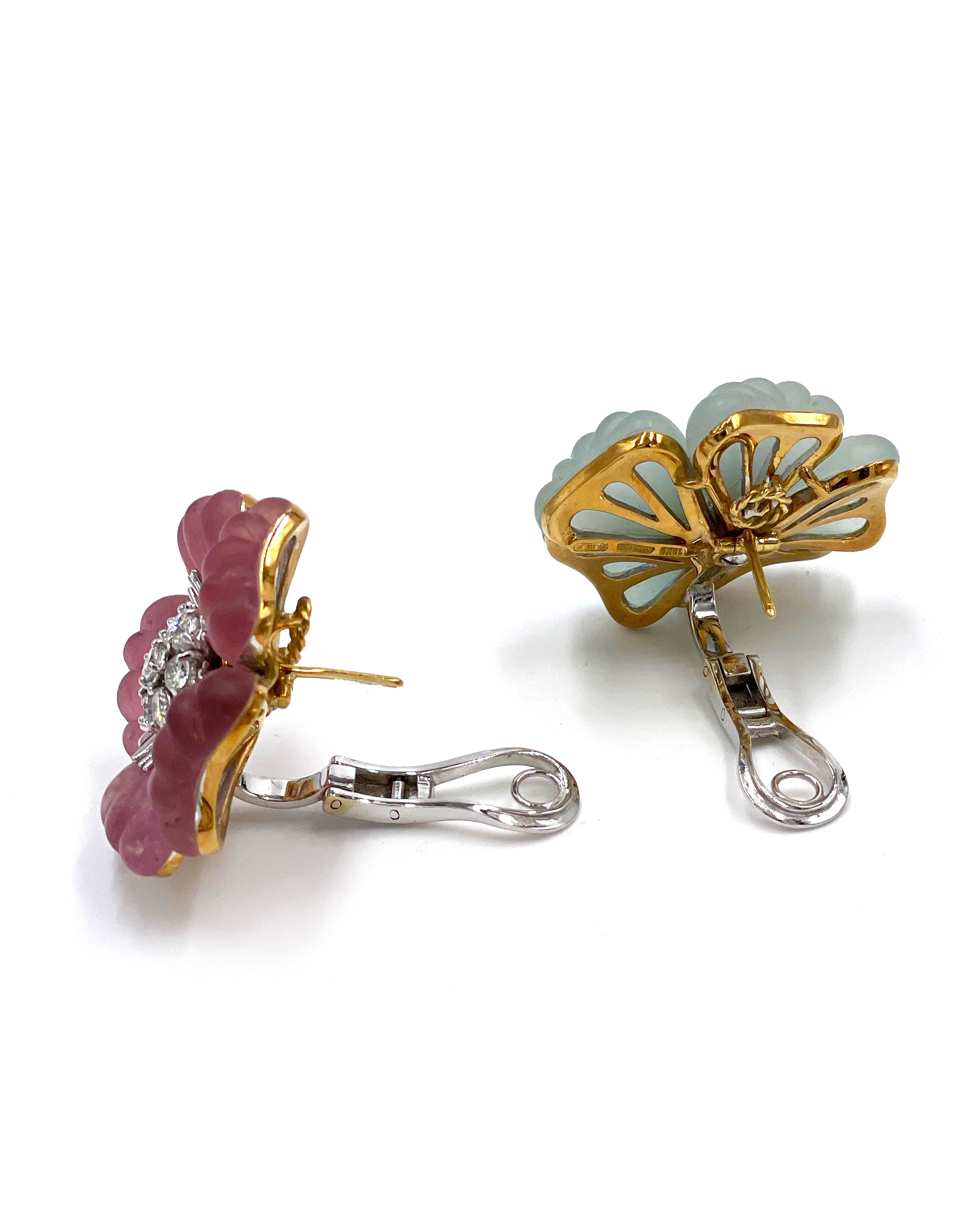 Pre-owned Vintage Ambrosi 18K White and Yellow Gold One of a Kind Aquamarine, Pink Tourmaline and Diamond Floral Earrings