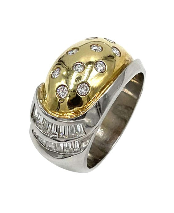 Vintage Platinum and 18k Yellow Gold Two Tone Dome Ring with Round and Baguette Diamonds 0.88 Carats