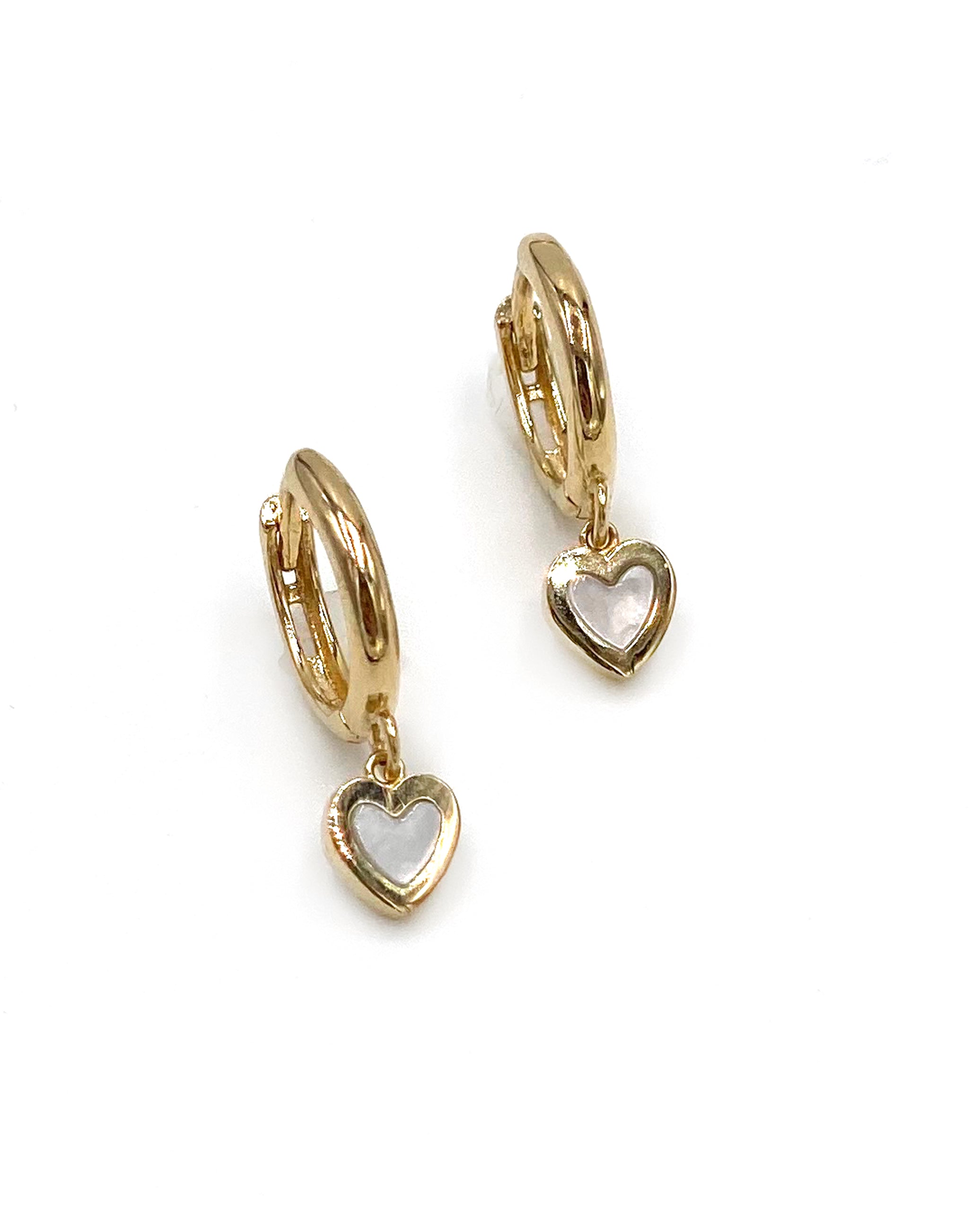14K Yellow Gold Heart Earrings with Mother of Pearl