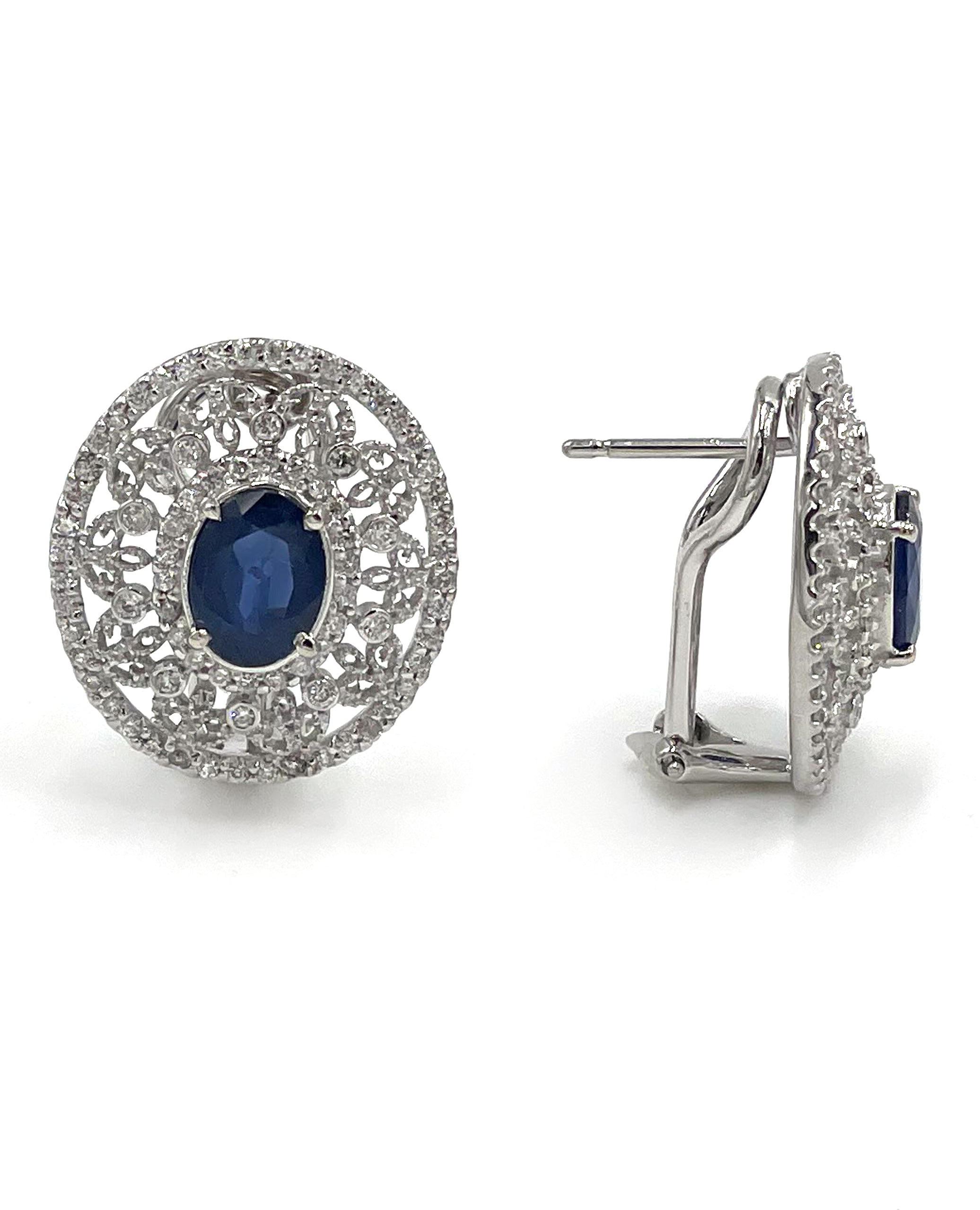 14K White Gold Diamond and Oval Sapphire Earrings