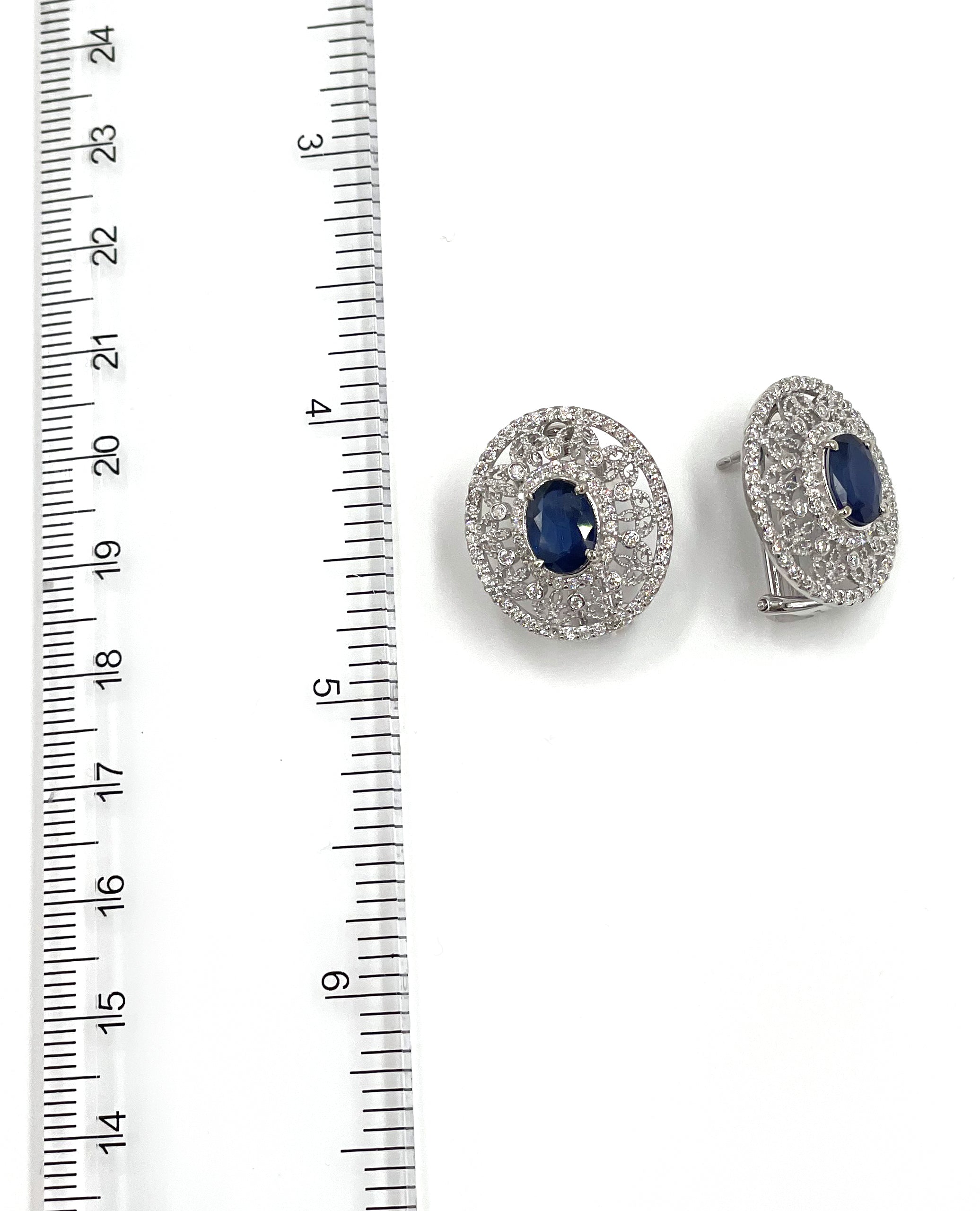 14K White Gold Diamond and Oval Sapphire Earrings