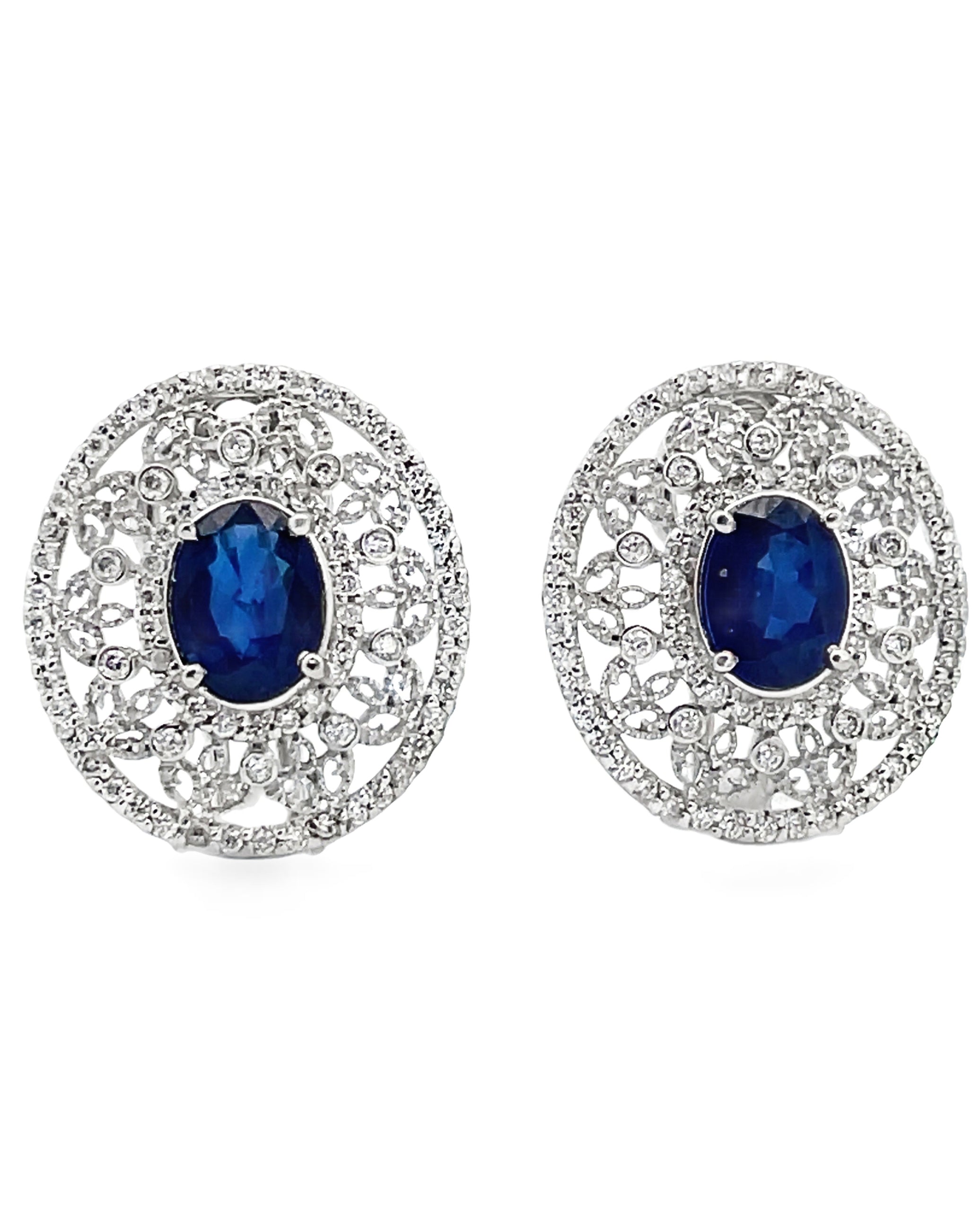 14K White Gold Diamond and Oval Sapphire Earrings