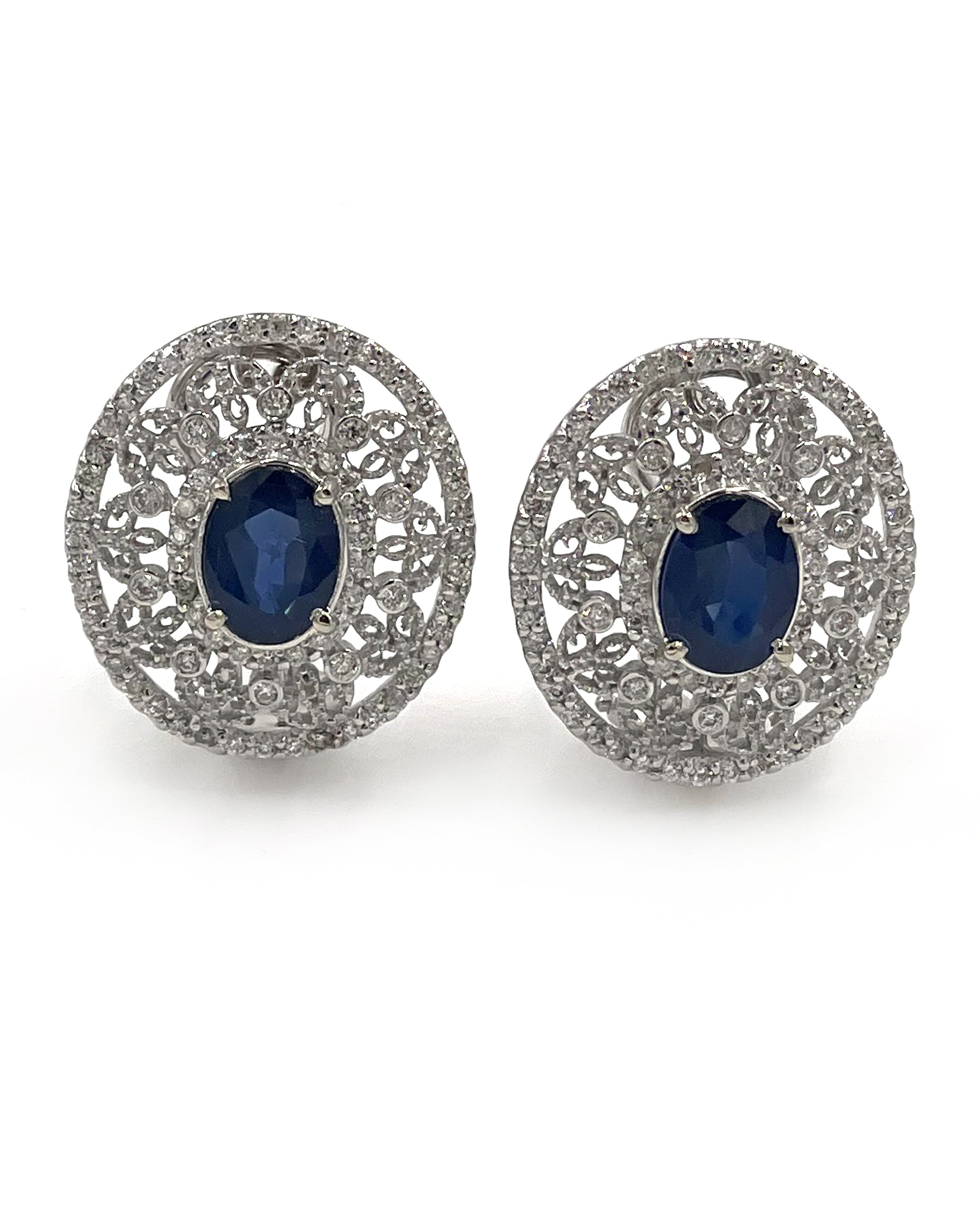 14K White Gold Diamond and Oval Sapphire Earrings