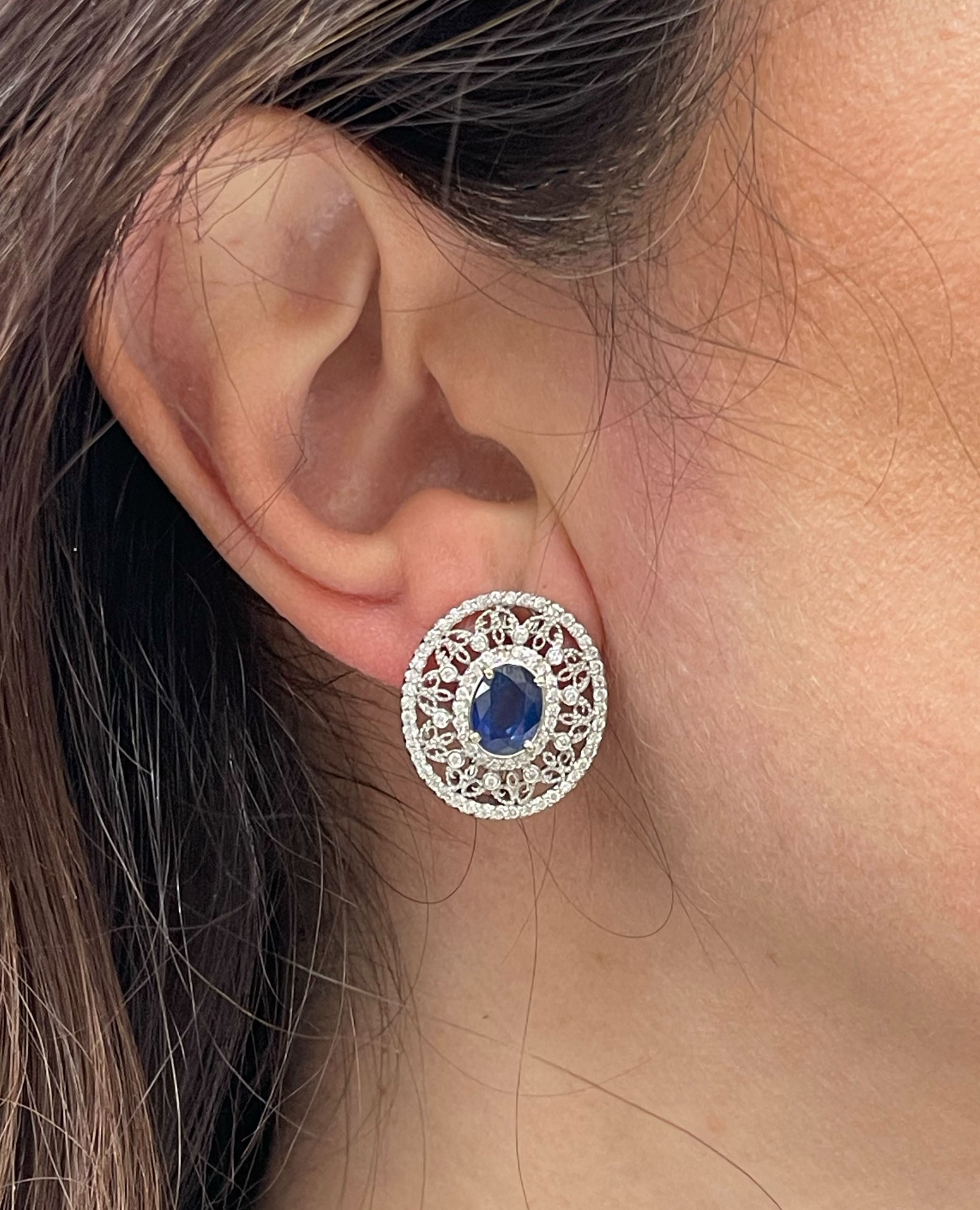 14K White Gold Diamond and Oval Sapphire Earrings