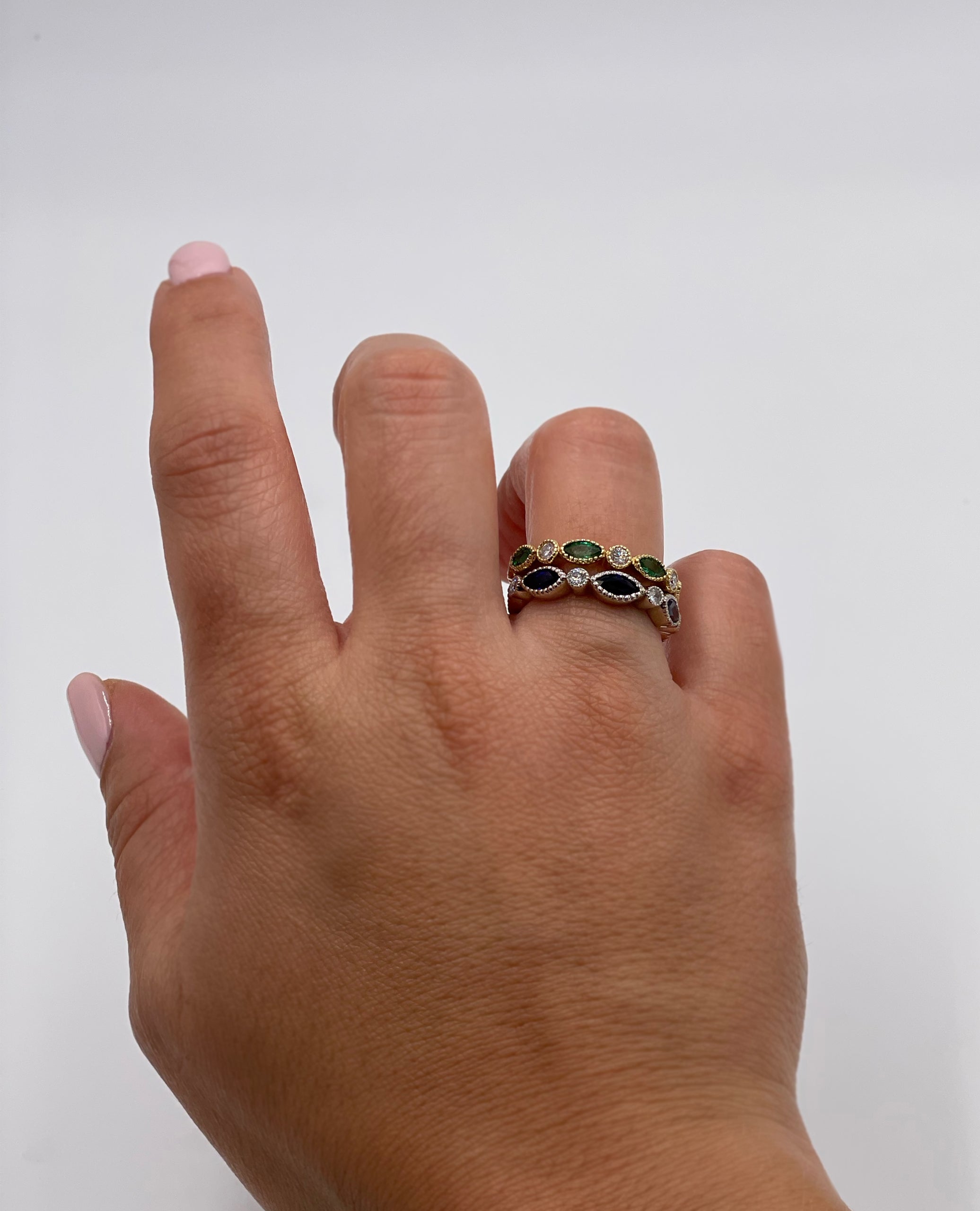 Marquise Shaped Emerald and Diamond Eternity Ring in 14K Yellow Gold