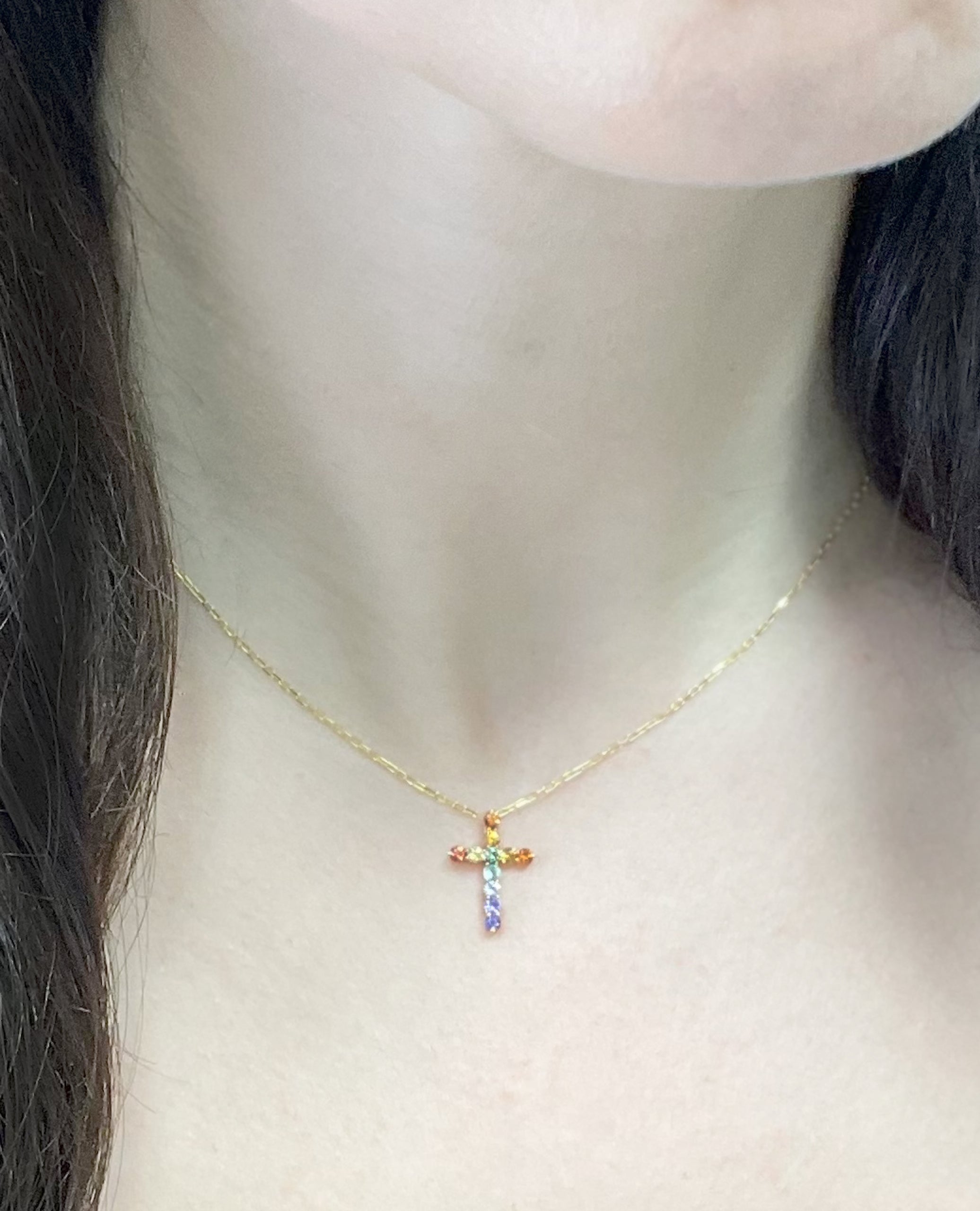 18K Yellow Gold Cross Necklace with Rainbow Colored Sapphires