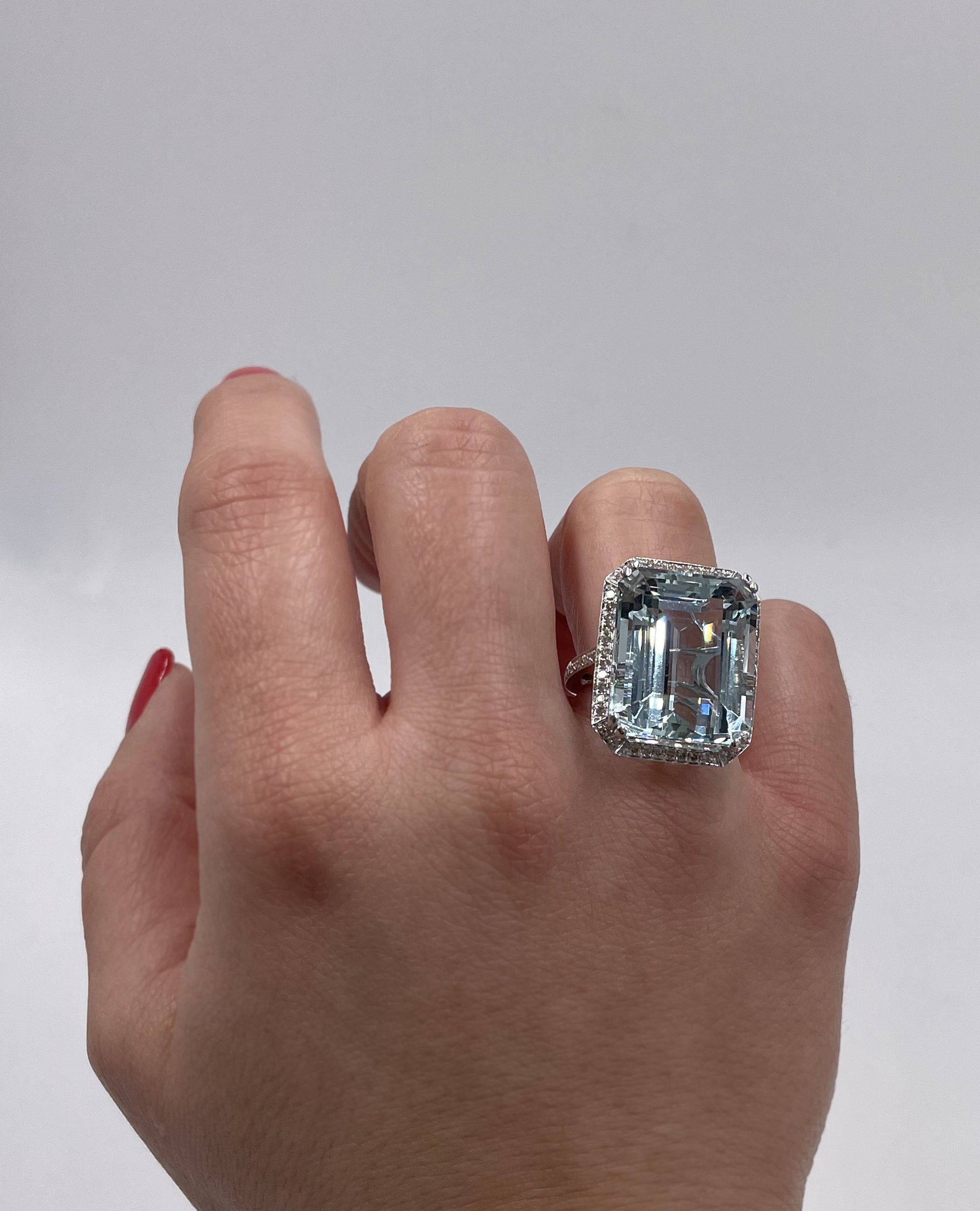 23.94 Carat Aquamarine Ring in 14K White Gold with Round Diamonds Totaling 0.52 Carats