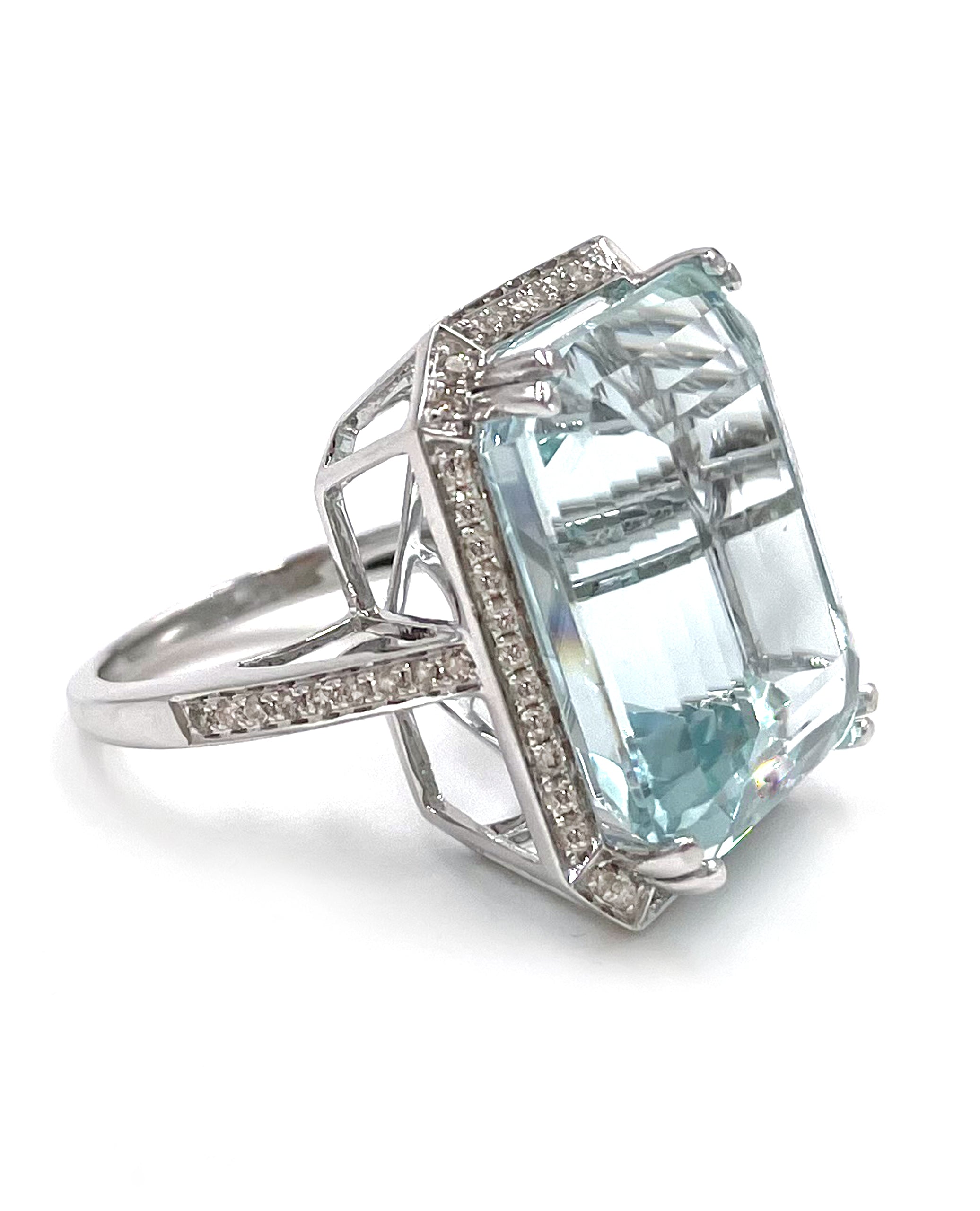 23.94 Carat Aquamarine Ring in 14K White Gold with Round Diamonds Totaling 0.52 Carats