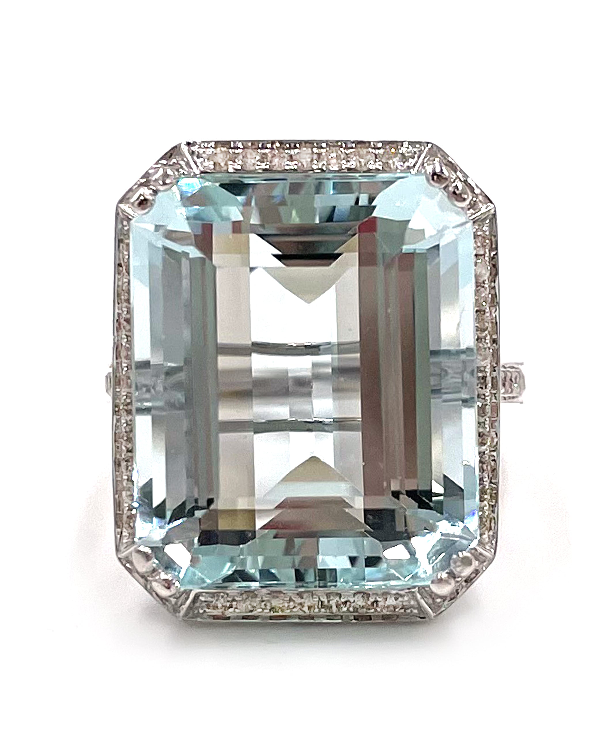 23.94 Carat Aquamarine Ring in 14K White Gold with Round Diamonds Totaling 0.52 Carats