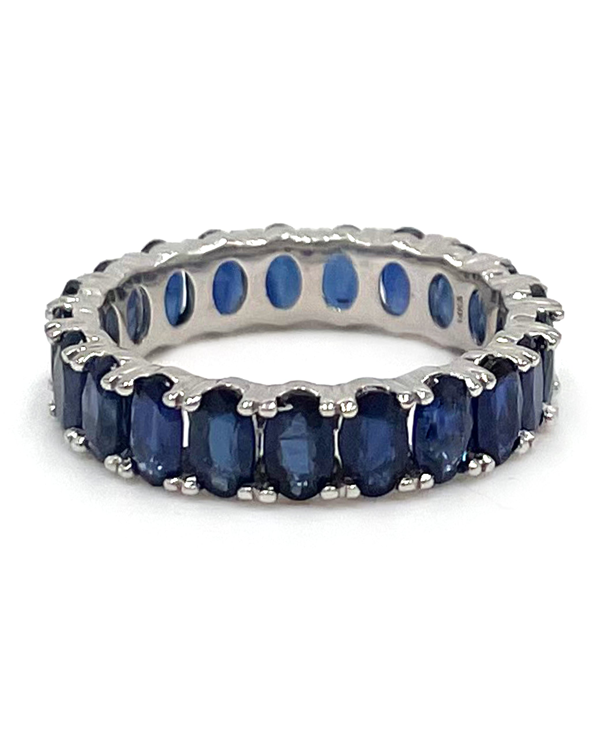 14K White Gold Oval Blue Sapphire Eternity Ring 5.29 Carats