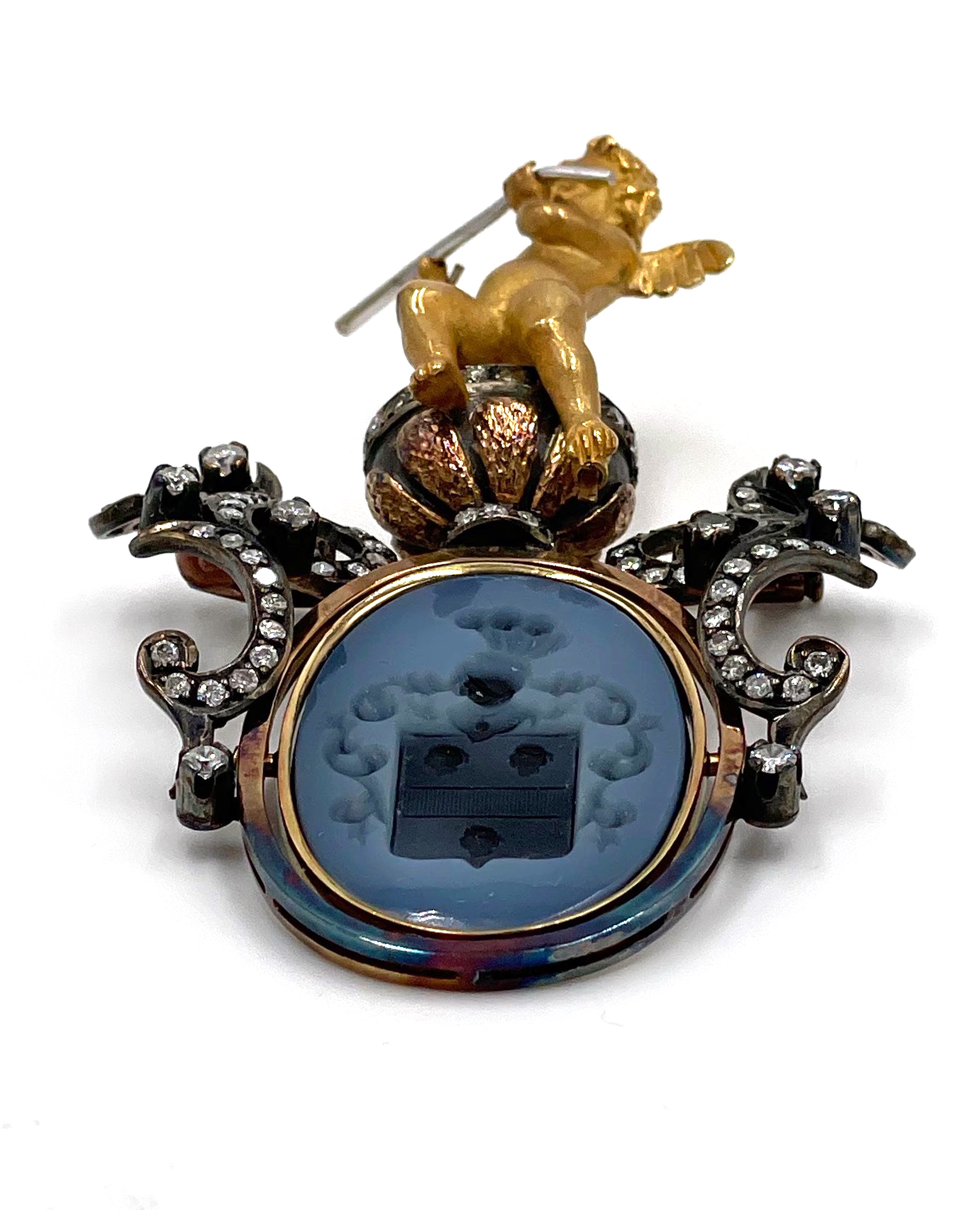 Pre-owned 18K Yellow Gold Intaglio and Diamond Brooch and Pendant