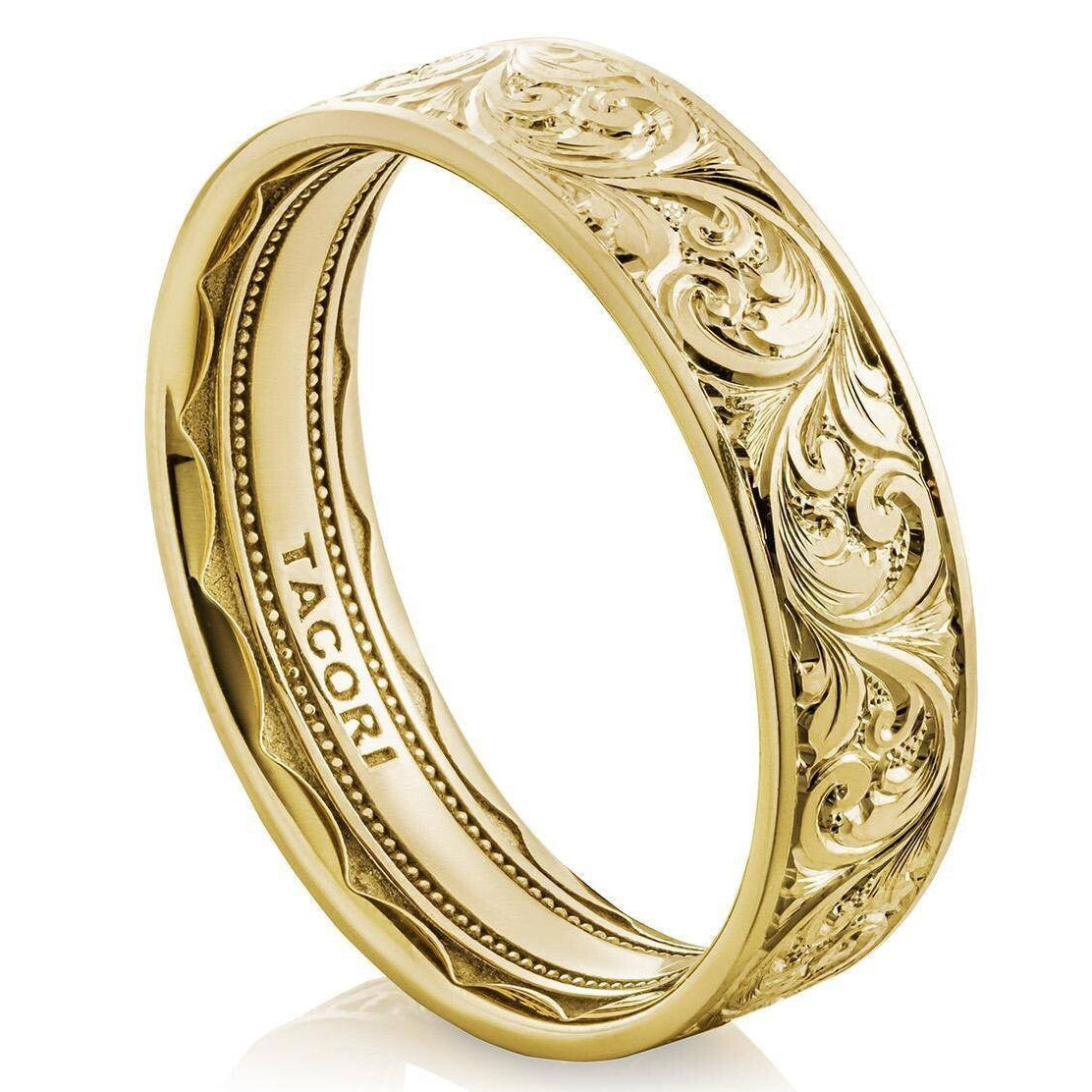 Tacori Classic, Flat Scroll Hand Engraved in High Polish Finish Wedding Band in 18K Yellow Gold