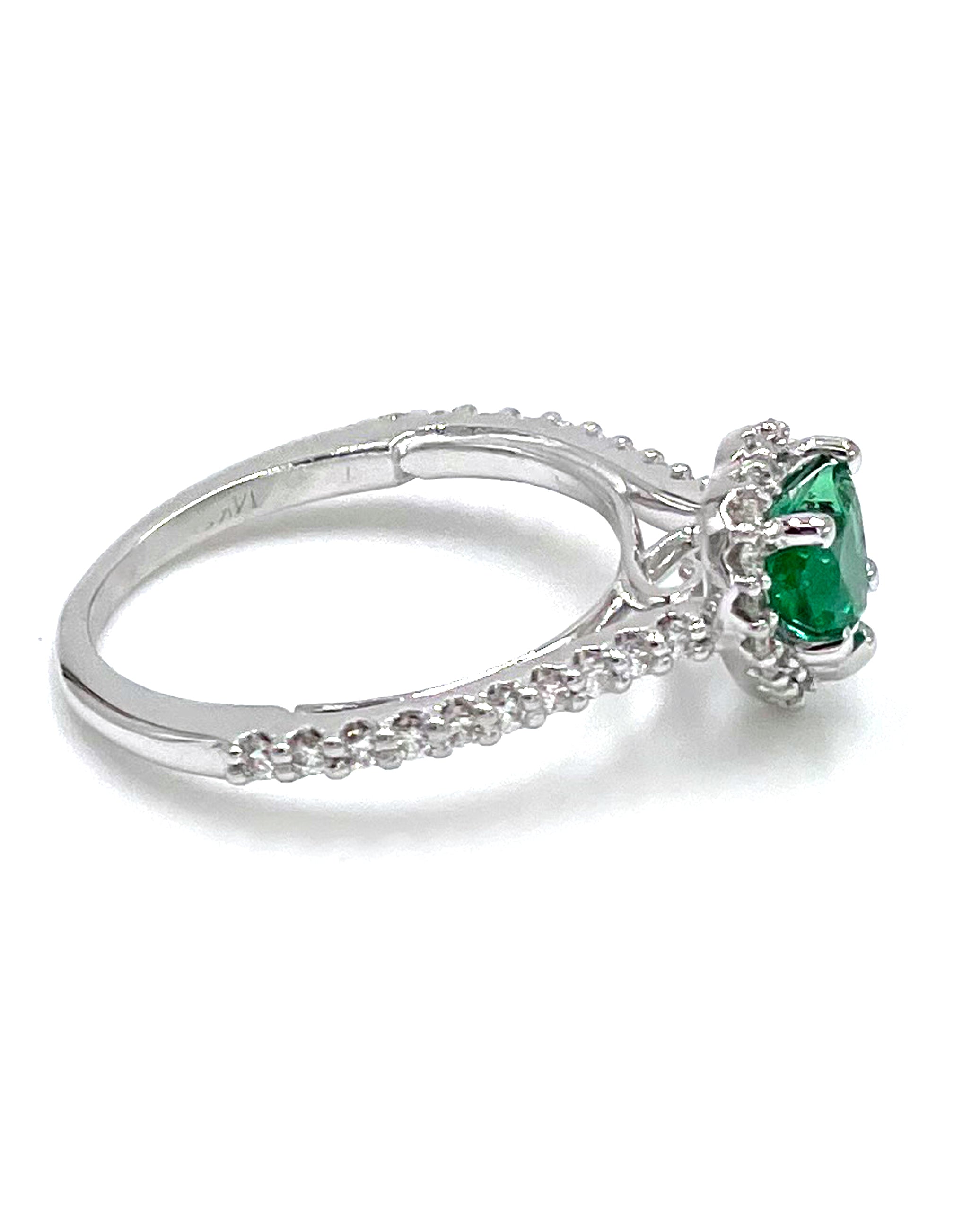 14K White Gold Heart Halo Ring with Heart Shaped Emerald