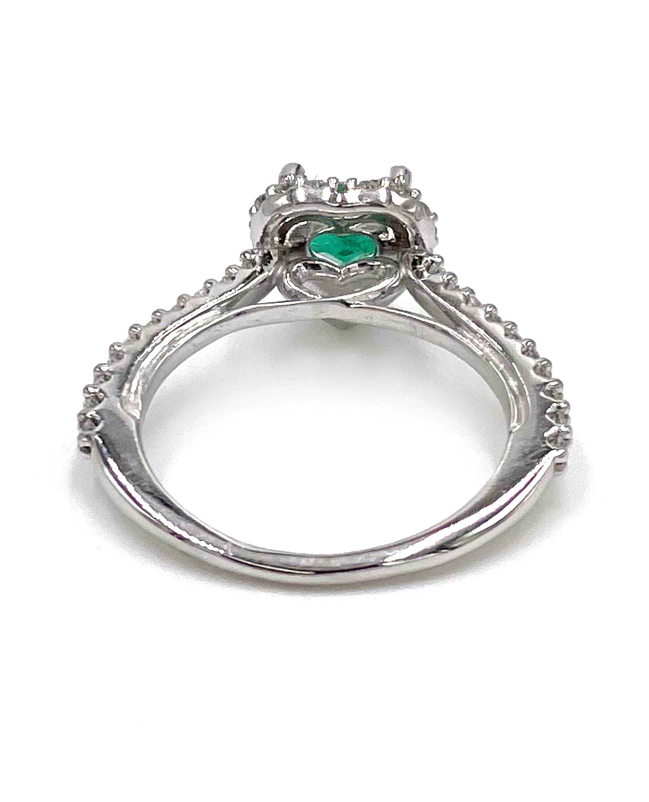 14K White Gold Heart Halo Ring with Heart Shaped Emerald