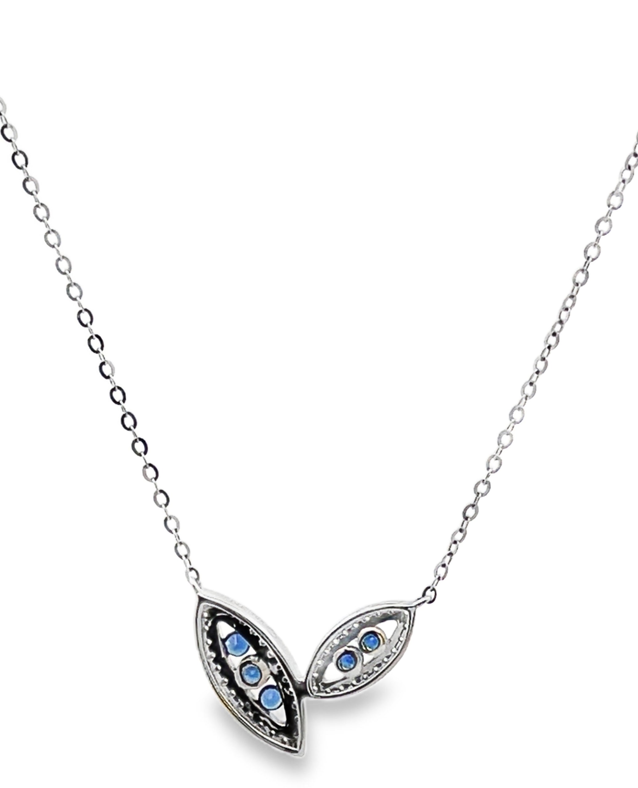 Double Leaf Asymmetric Sapphire and Diamond Necklace in 14K White Gold