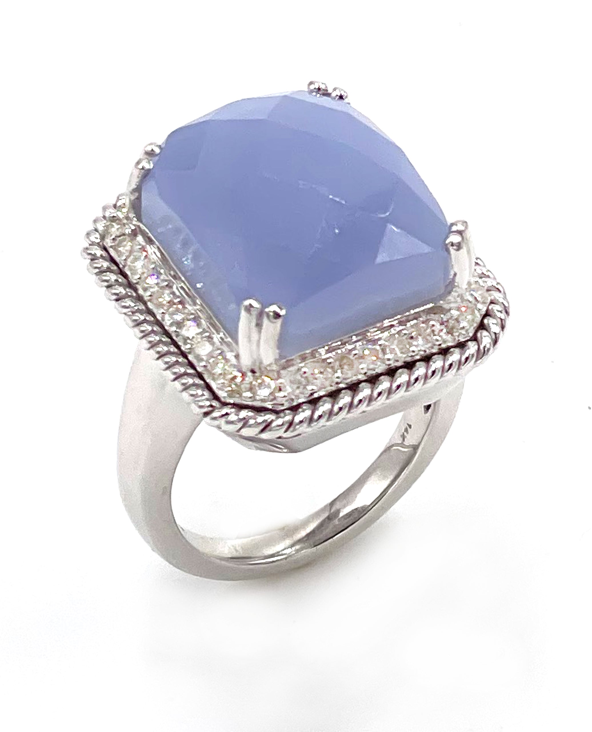 14K White Gold Ring with Diamonds and Chalcedony