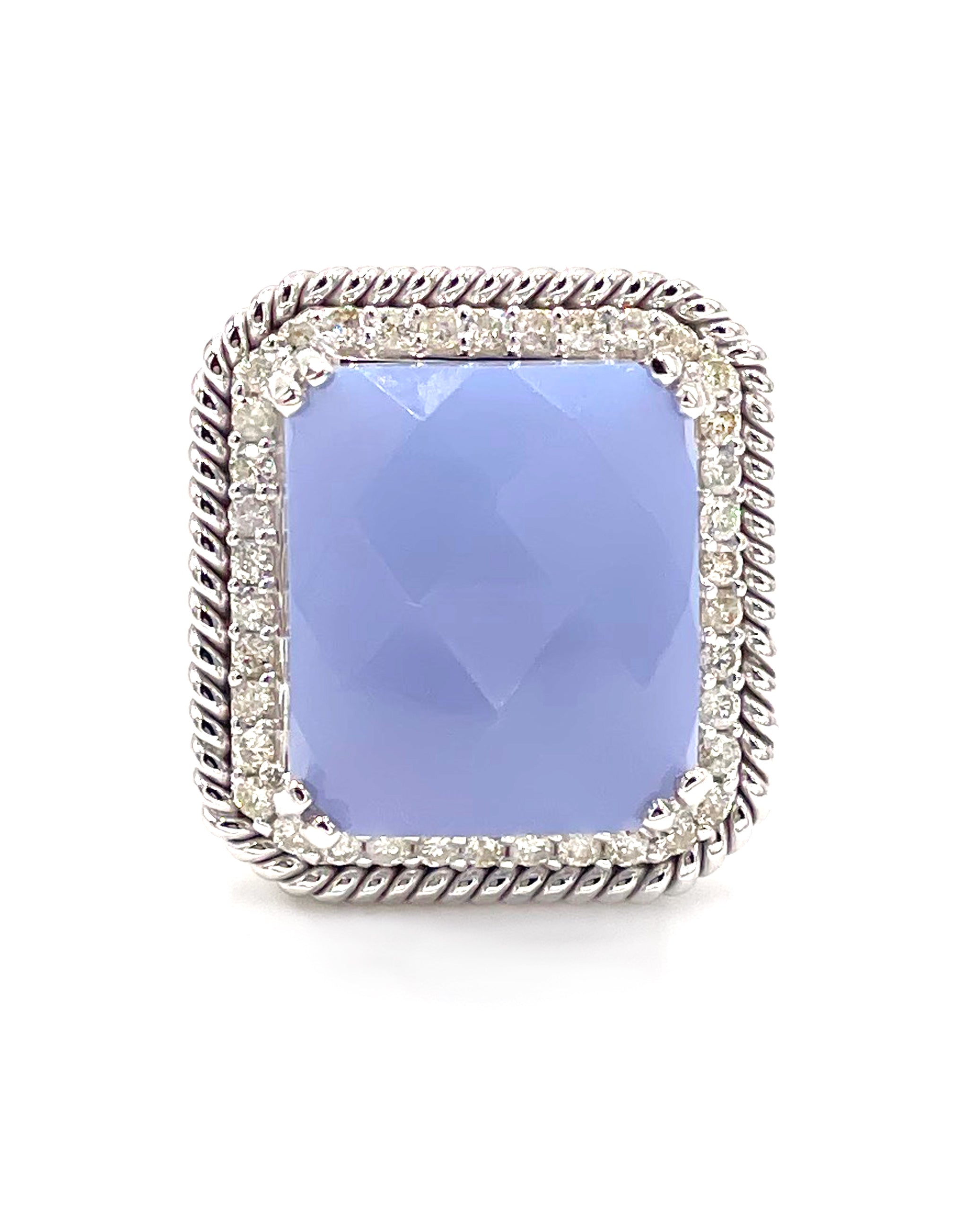 14K White Gold Ring with Diamonds and Chalcedony