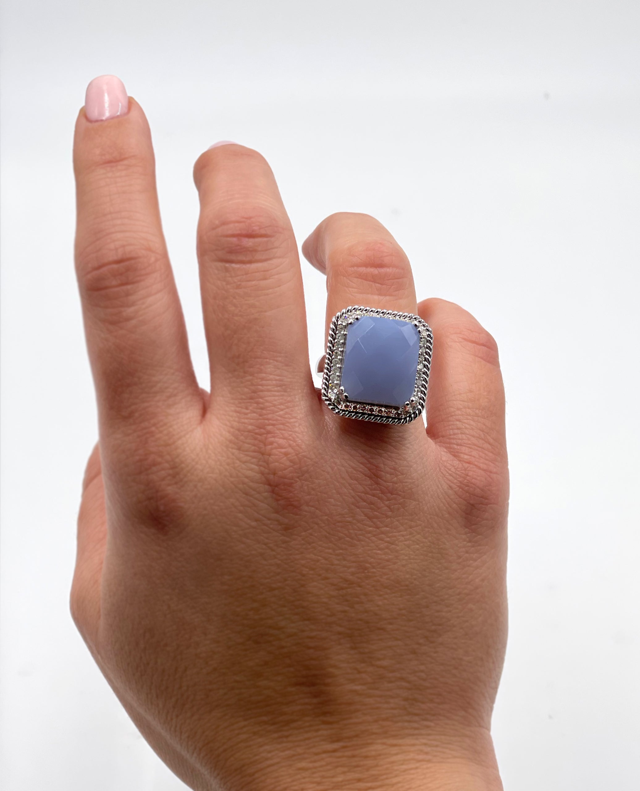 14K White Gold Ring with Diamonds and Chalcedony