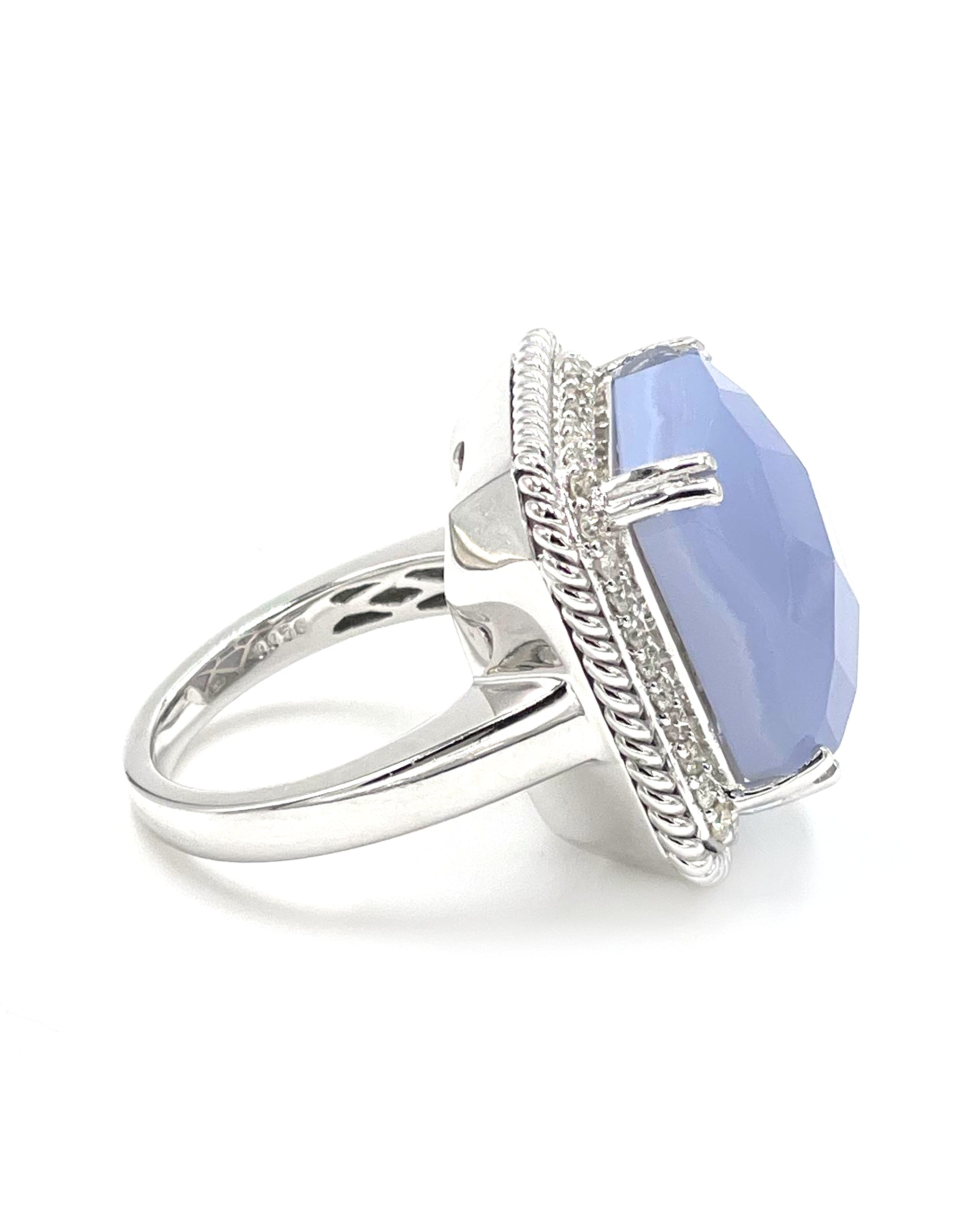 14K White Gold Ring with Diamonds and Chalcedony