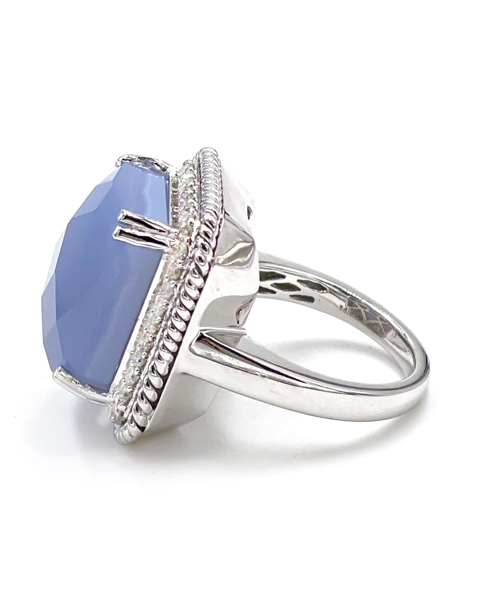 14K White Gold Ring with Diamonds and Chalcedony