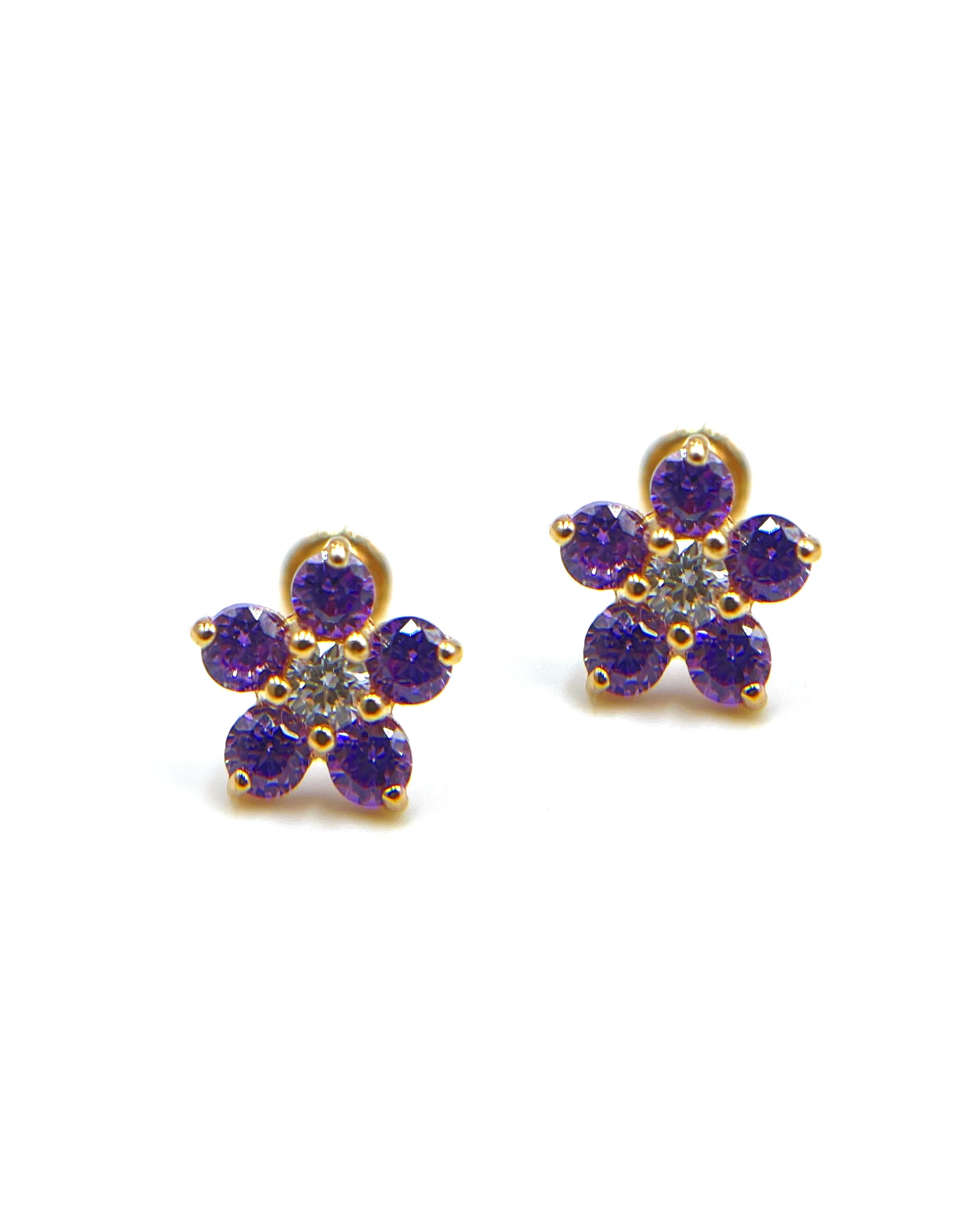 14k Yellow Gold Birthday Flower Earrings with Five Petals - February with Screwbacks