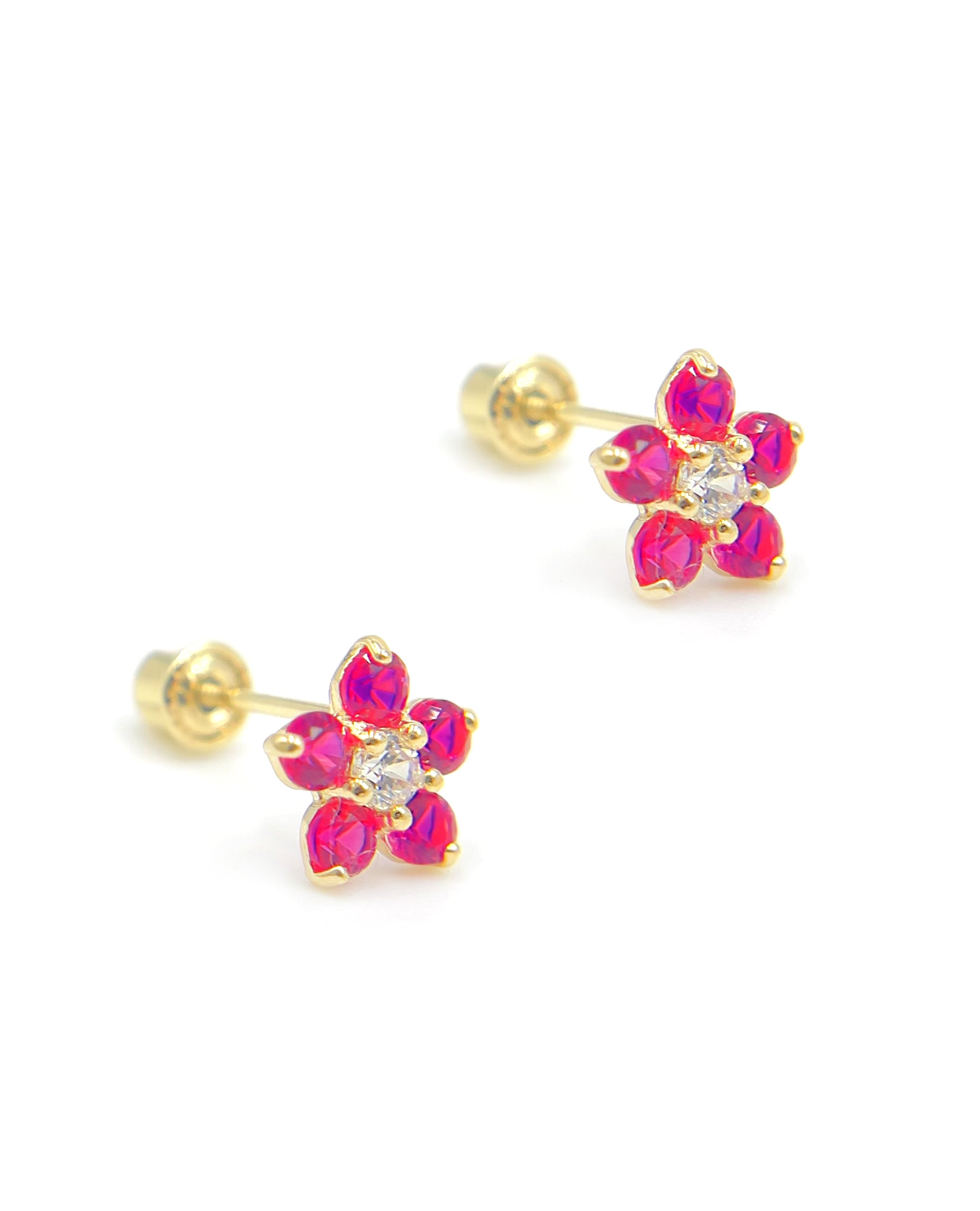 14k Yellow Gold Birthday Flower Earrings with Five Petals - July with Screwbacks