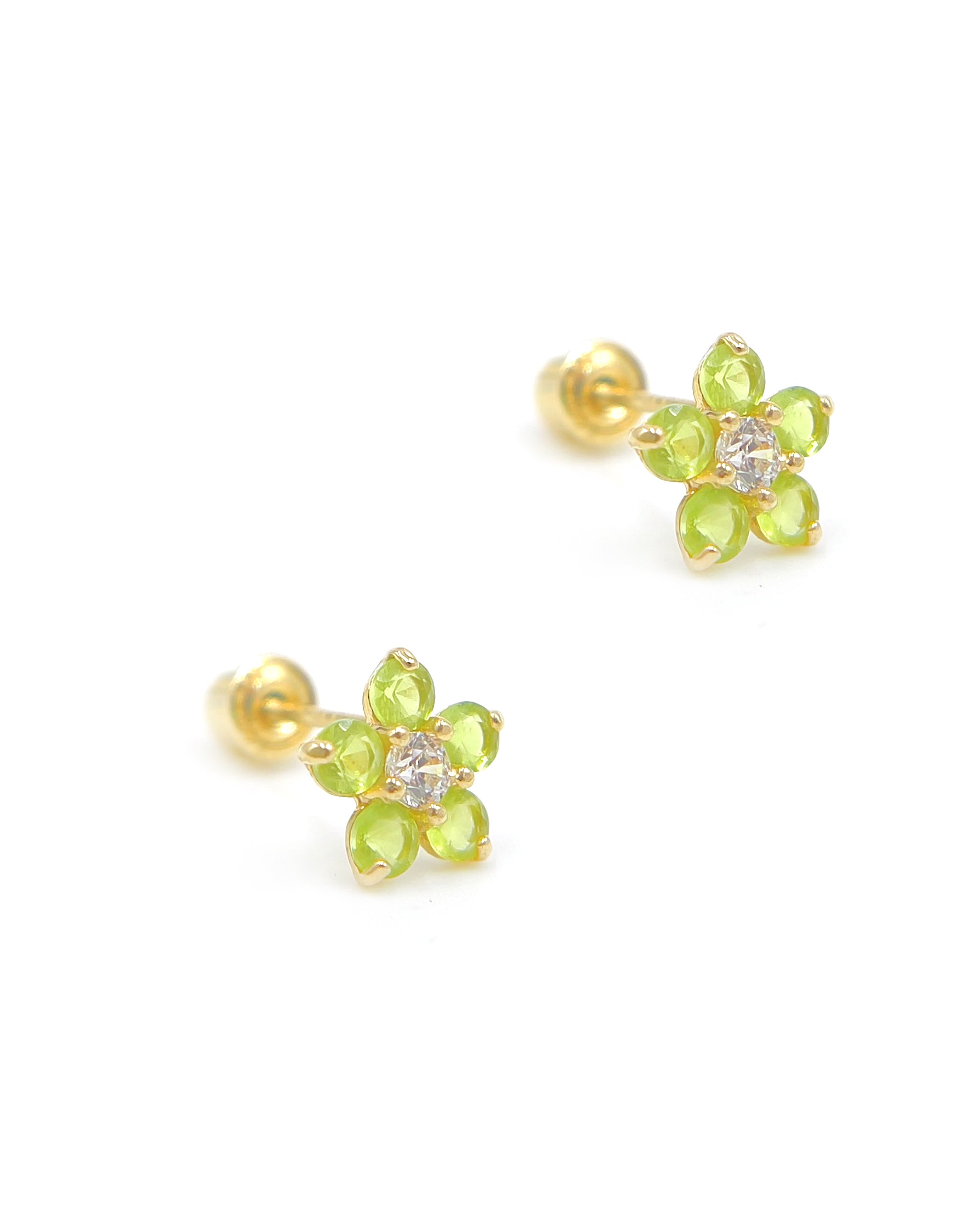 14k Yellow Gold Birthday Flower Earrings with Five Petals - August with Screwbacks