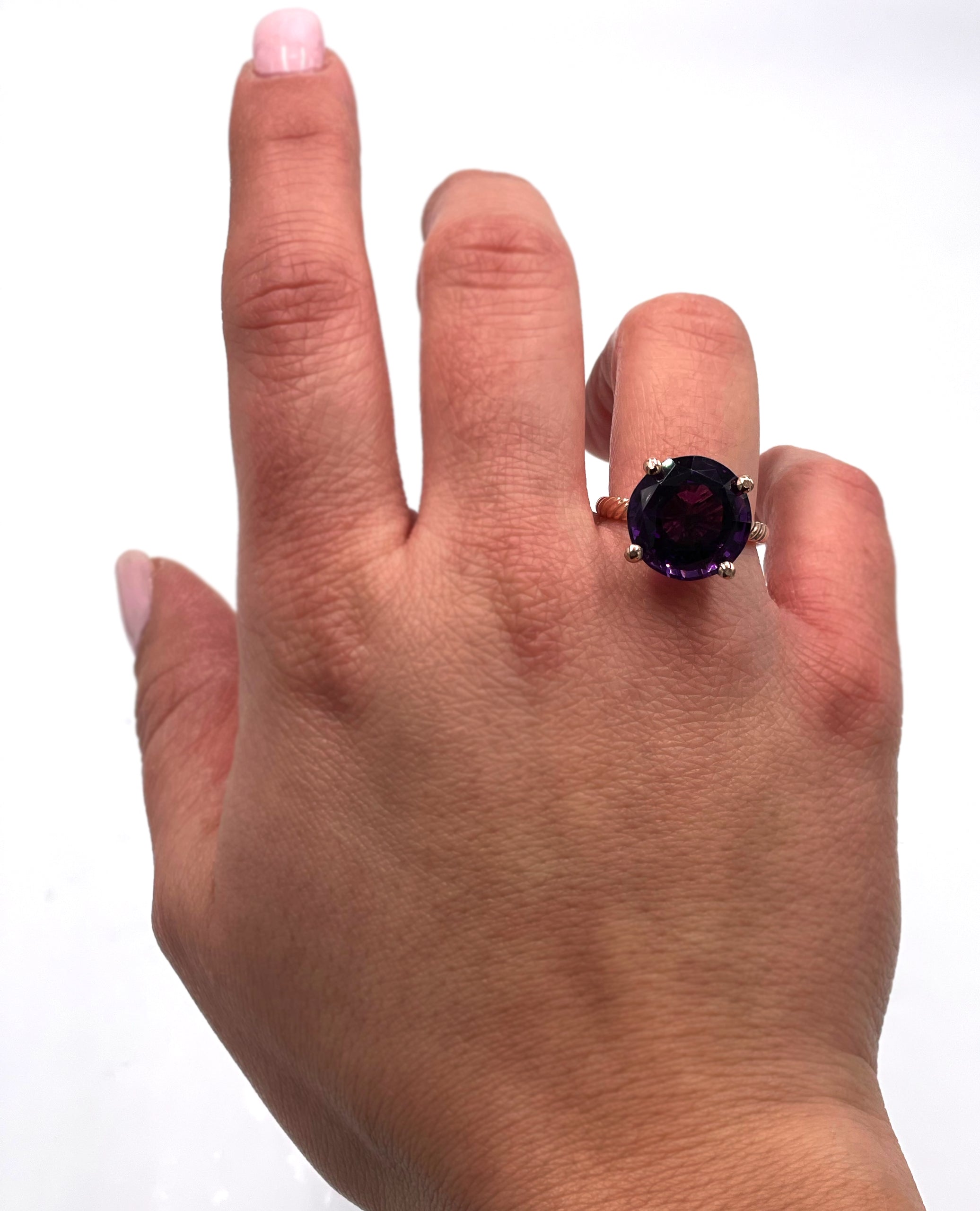 14K Rose Gold Rope Style Solitaire Ring with Amethyst