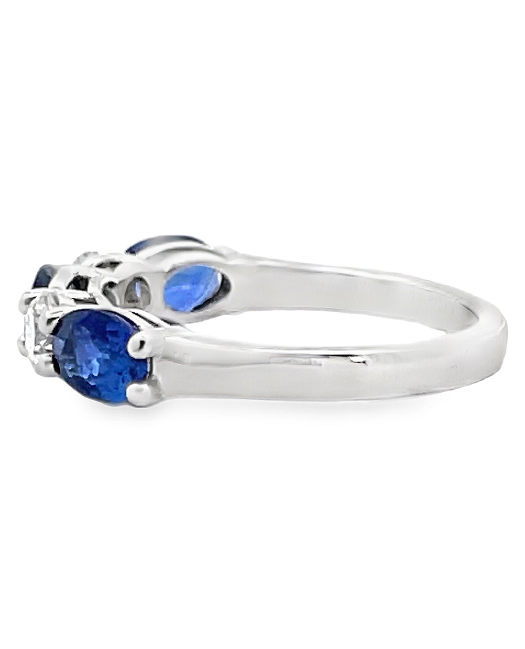 Three Oval Sapphire and Two Diamond Ring in 18K White Gold High Polish Ring