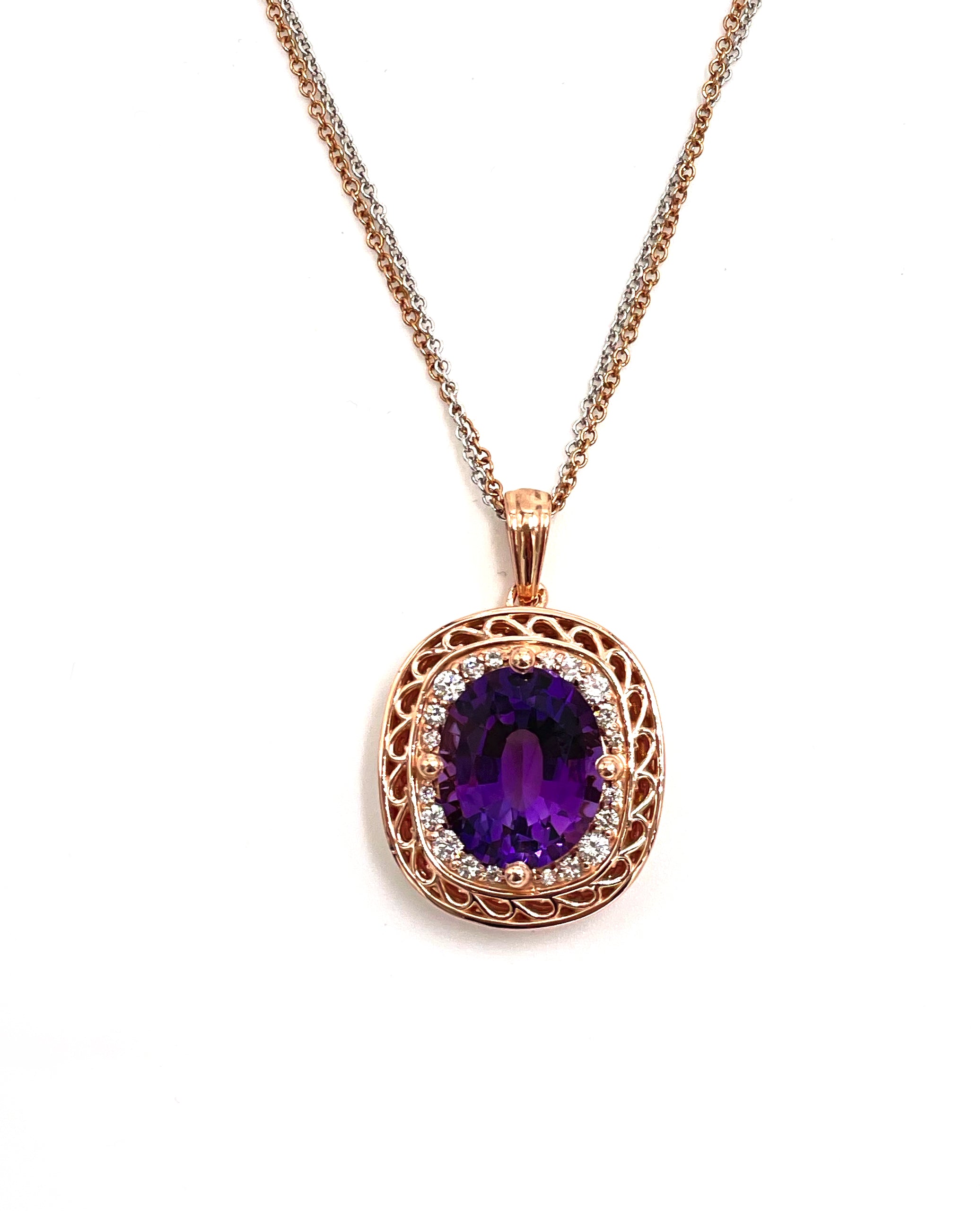 Oval Amethyst Double Chain Diamond Pendant Necklace in 14k Rose and White Gold