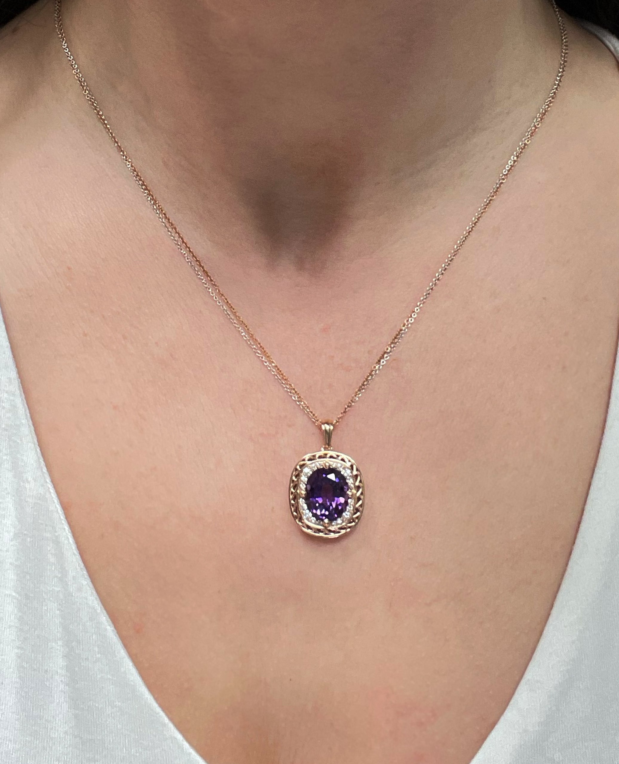 Oval Amethyst Double Chain Diamond Pendant Necklace in 14k Rose and White Gold
