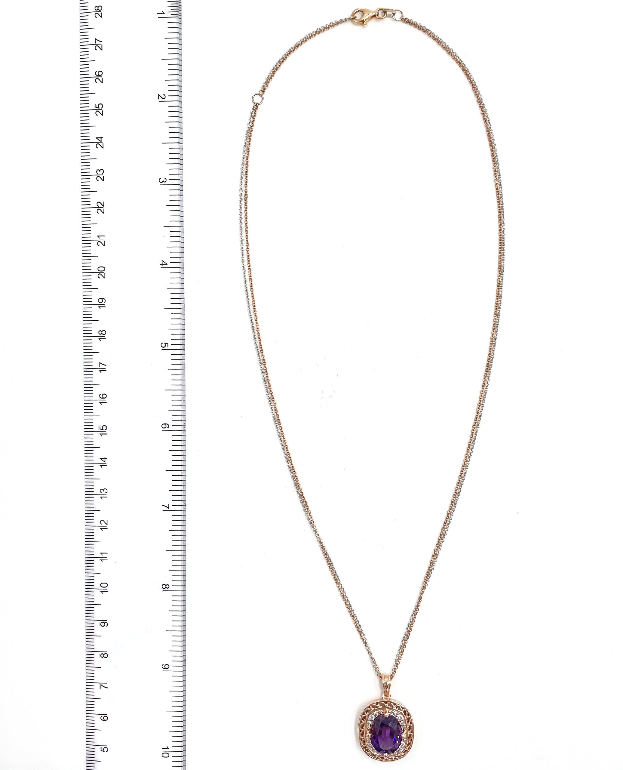 Oval Amethyst Double Chain Diamond Pendant Necklace in 14k Rose and White Gold
