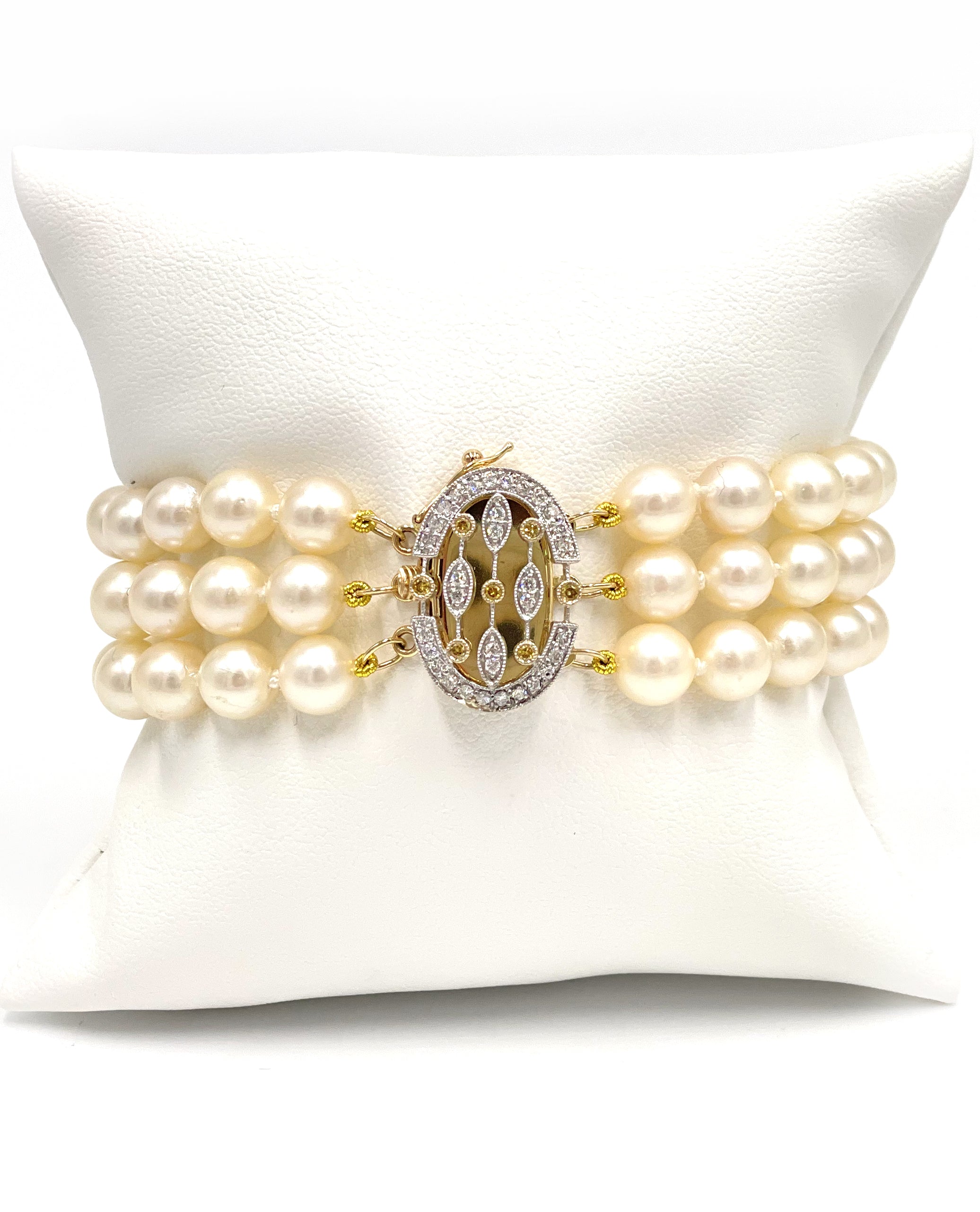 Three Row Multi Strand Pearl Bracelet with 14K & 18K Diamond Clasp
