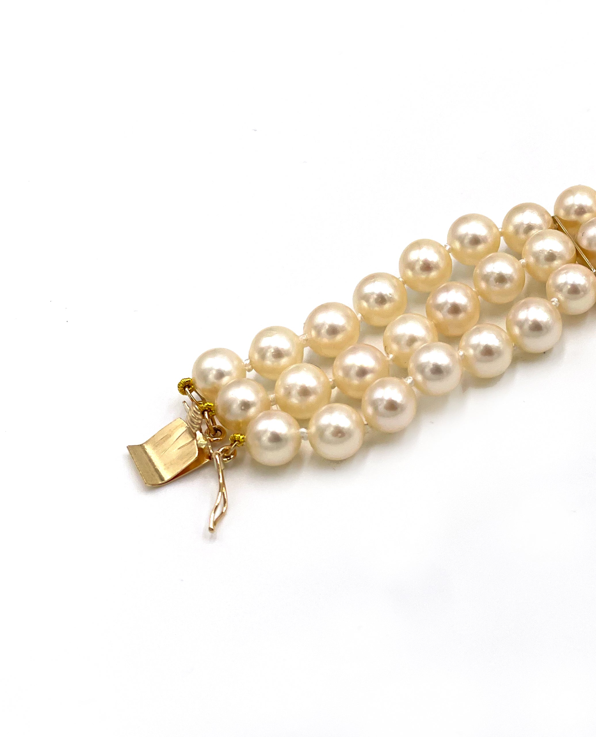 Three Row Multi Strand Pearl Bracelet with 14K & 18K Diamond Clasp