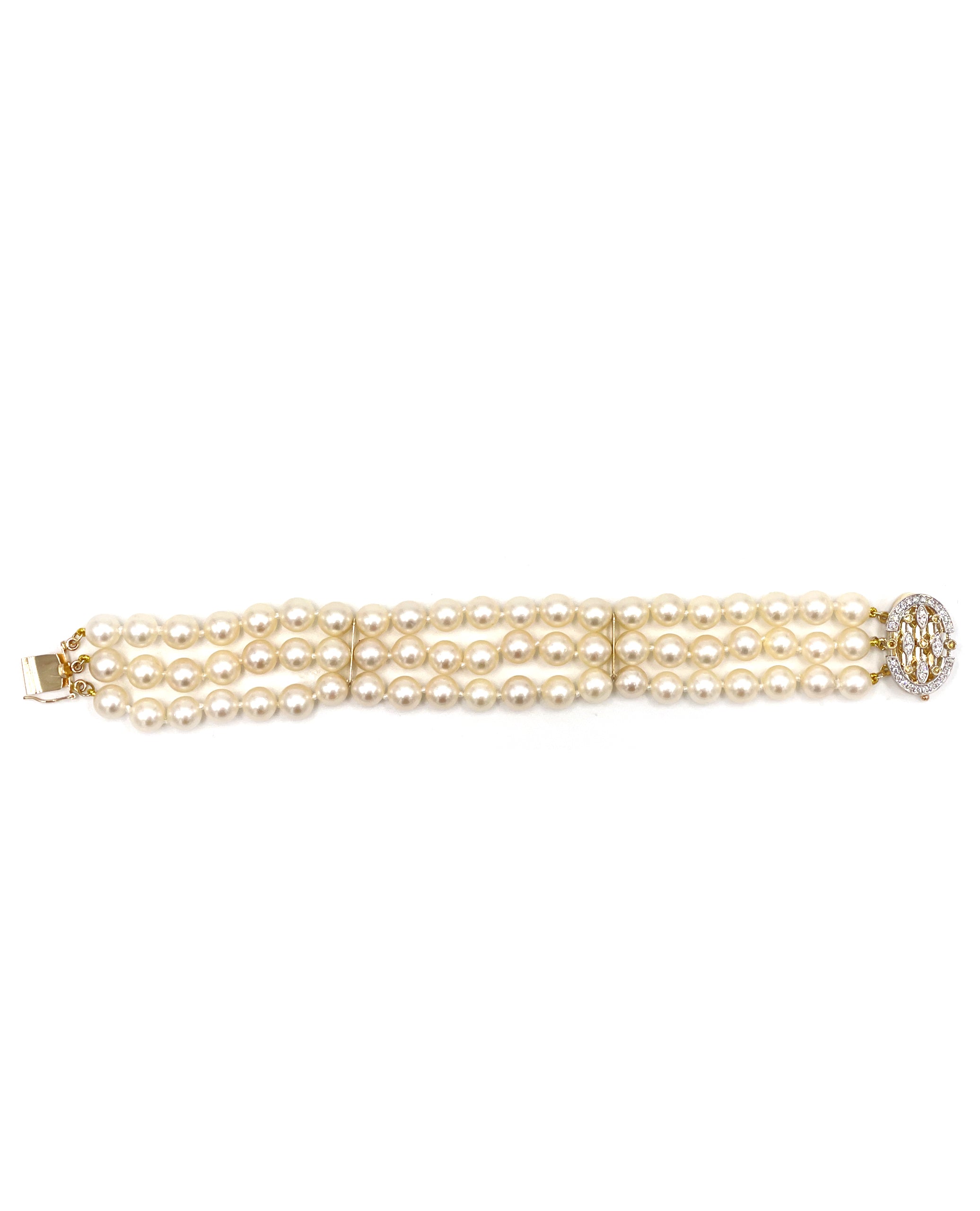 Three Row Multi Strand Pearl Bracelet with 14K & 18K Diamond Clasp