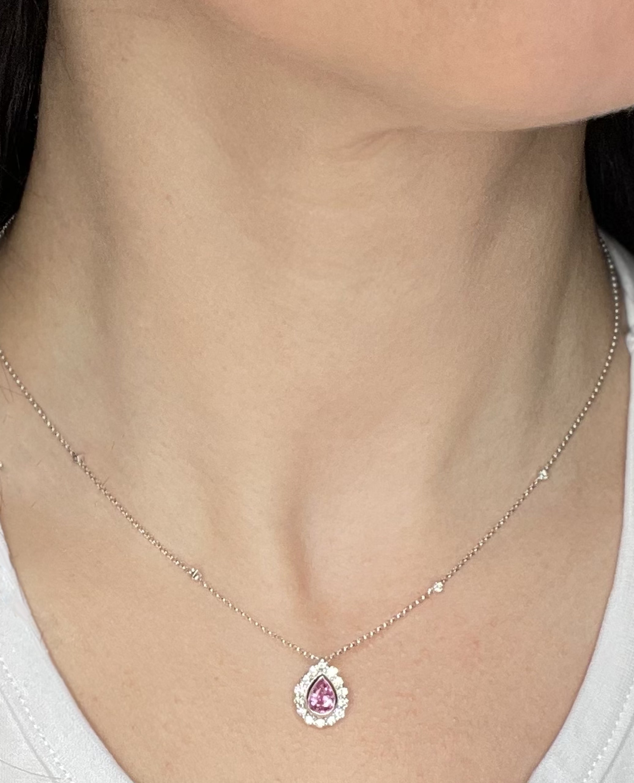 14K White Gold Pink Sapphire and Diamond Halo Necklace