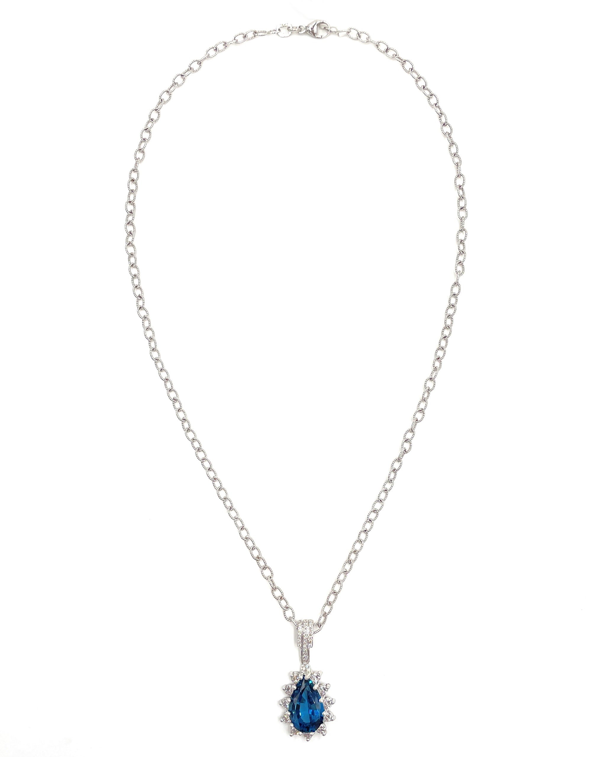 14K White Gold London Blue Topaz and Diamond Necklace